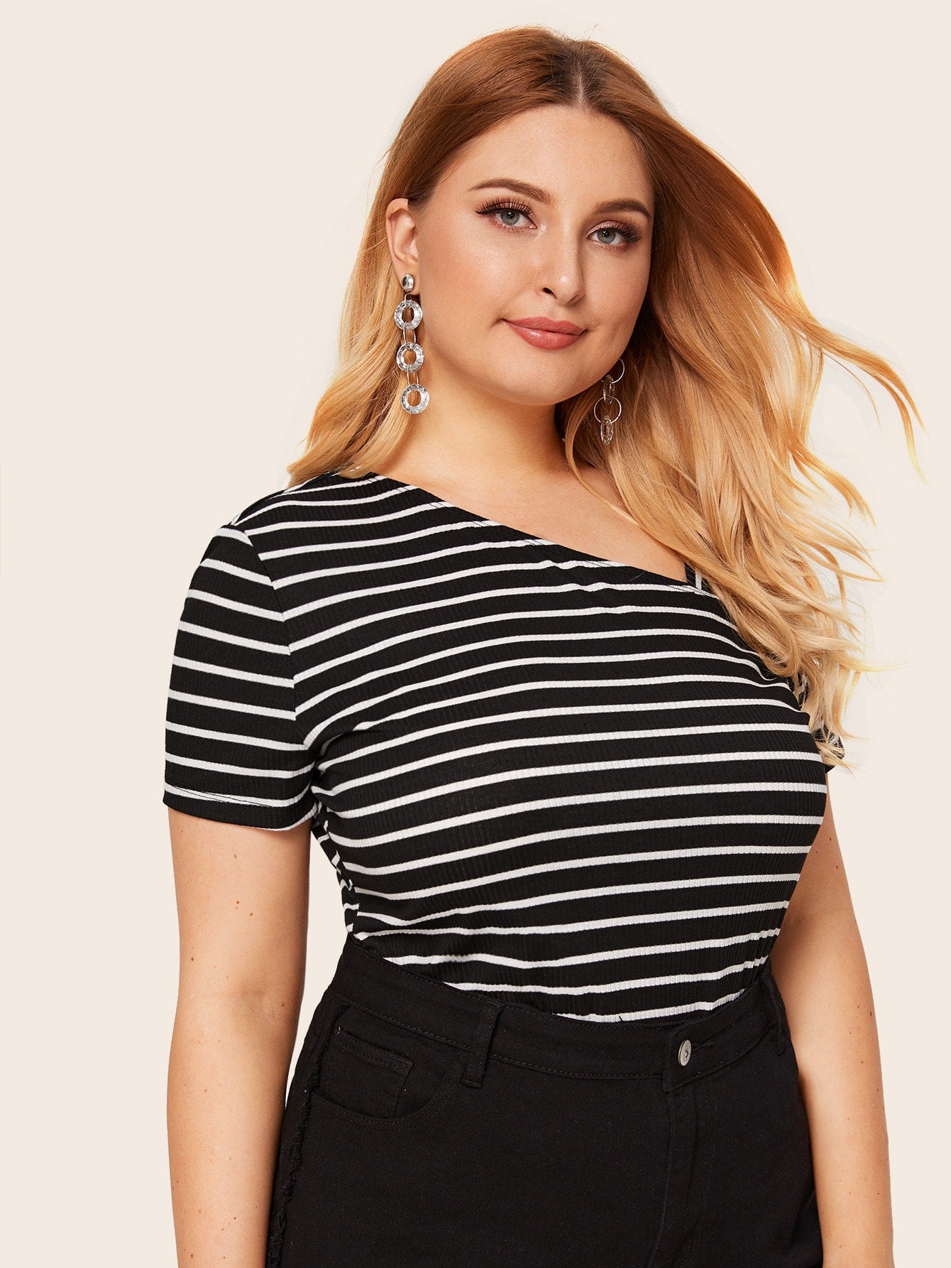 Plus Asymmetrical Neck Striped Tee