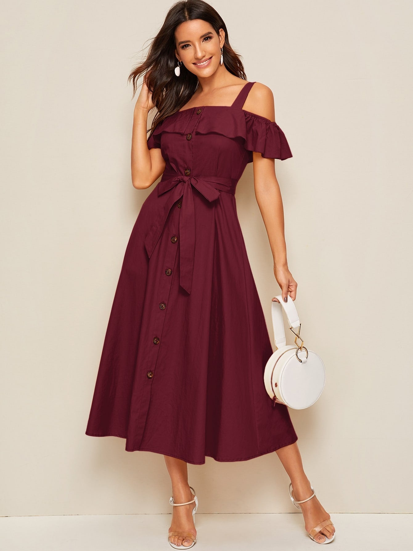 Flounce Foldover Button Front Self Belted Dress