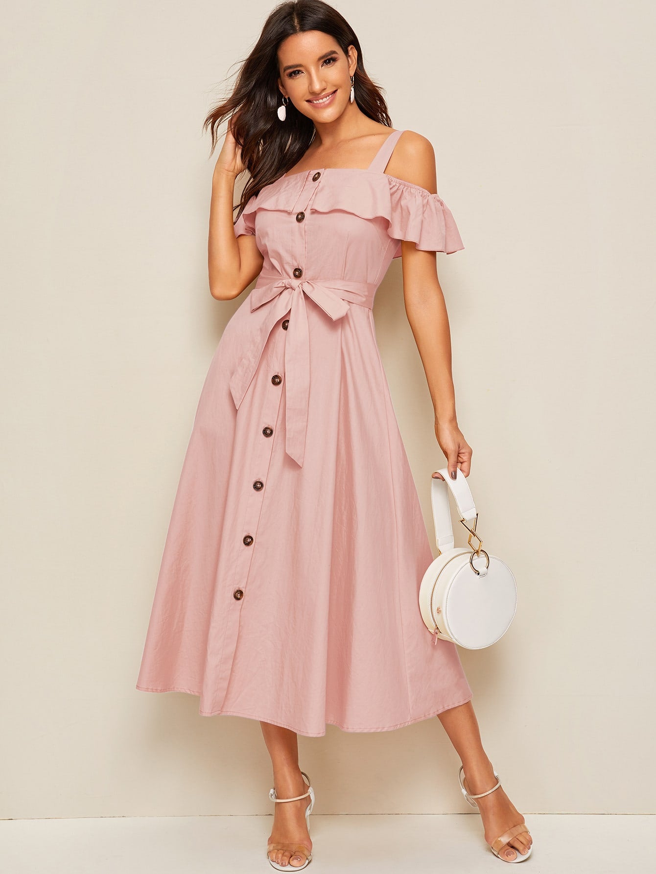 Flounce Foldover Button Front Self Belted Dress