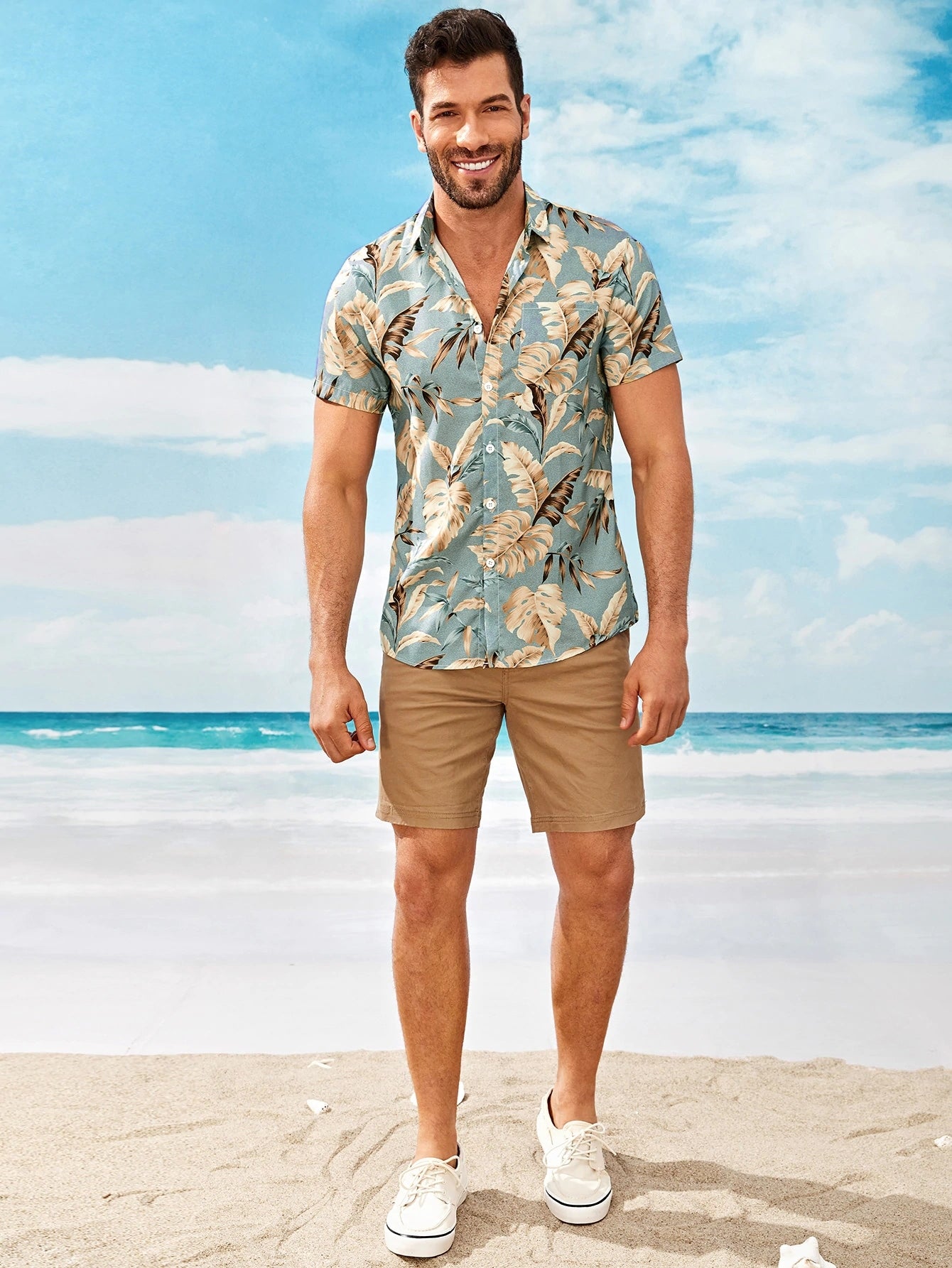 Men Tropical Print Hawaiian Shirt