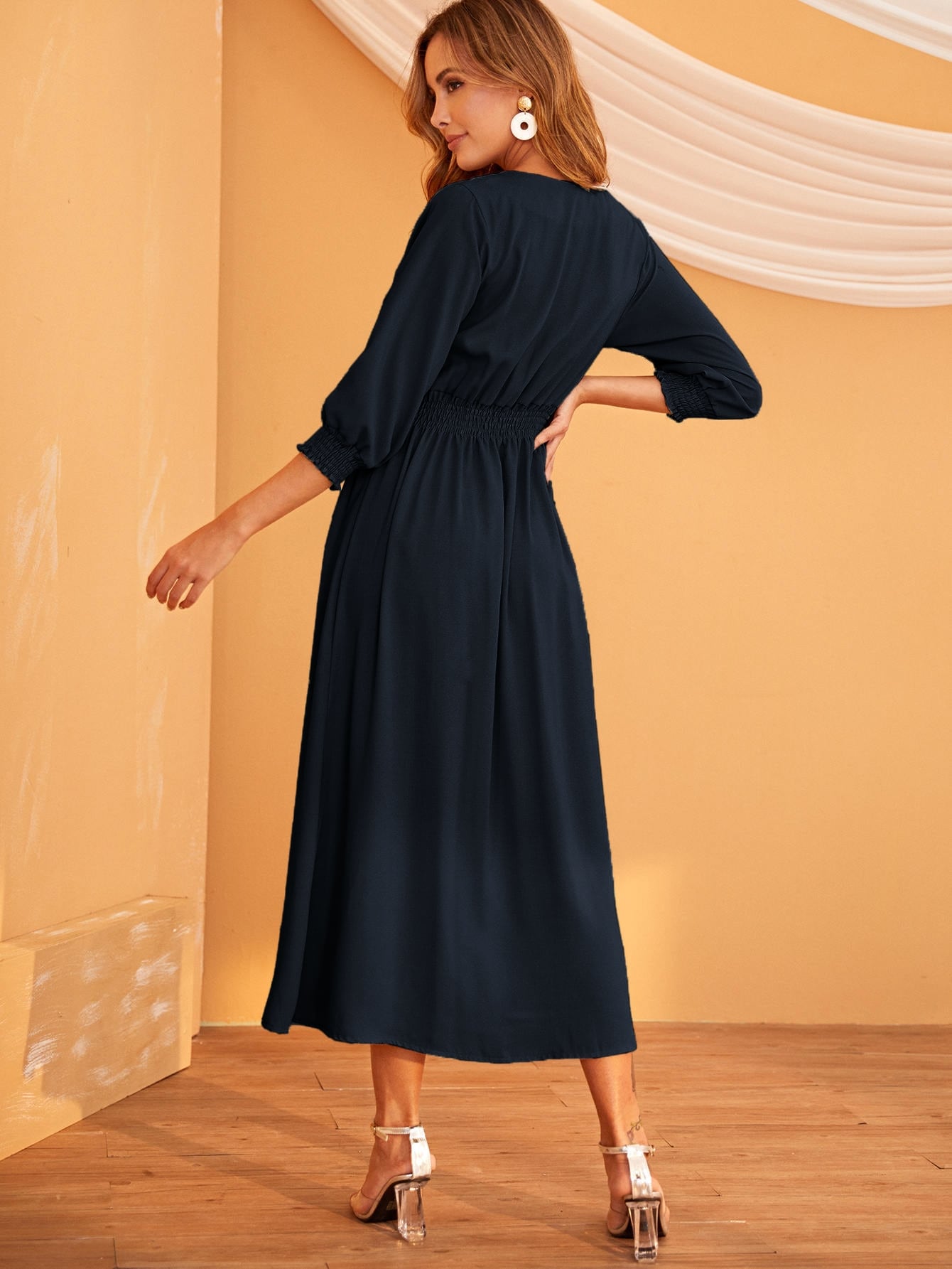 Solid Shirred Button Front Shirt Dress