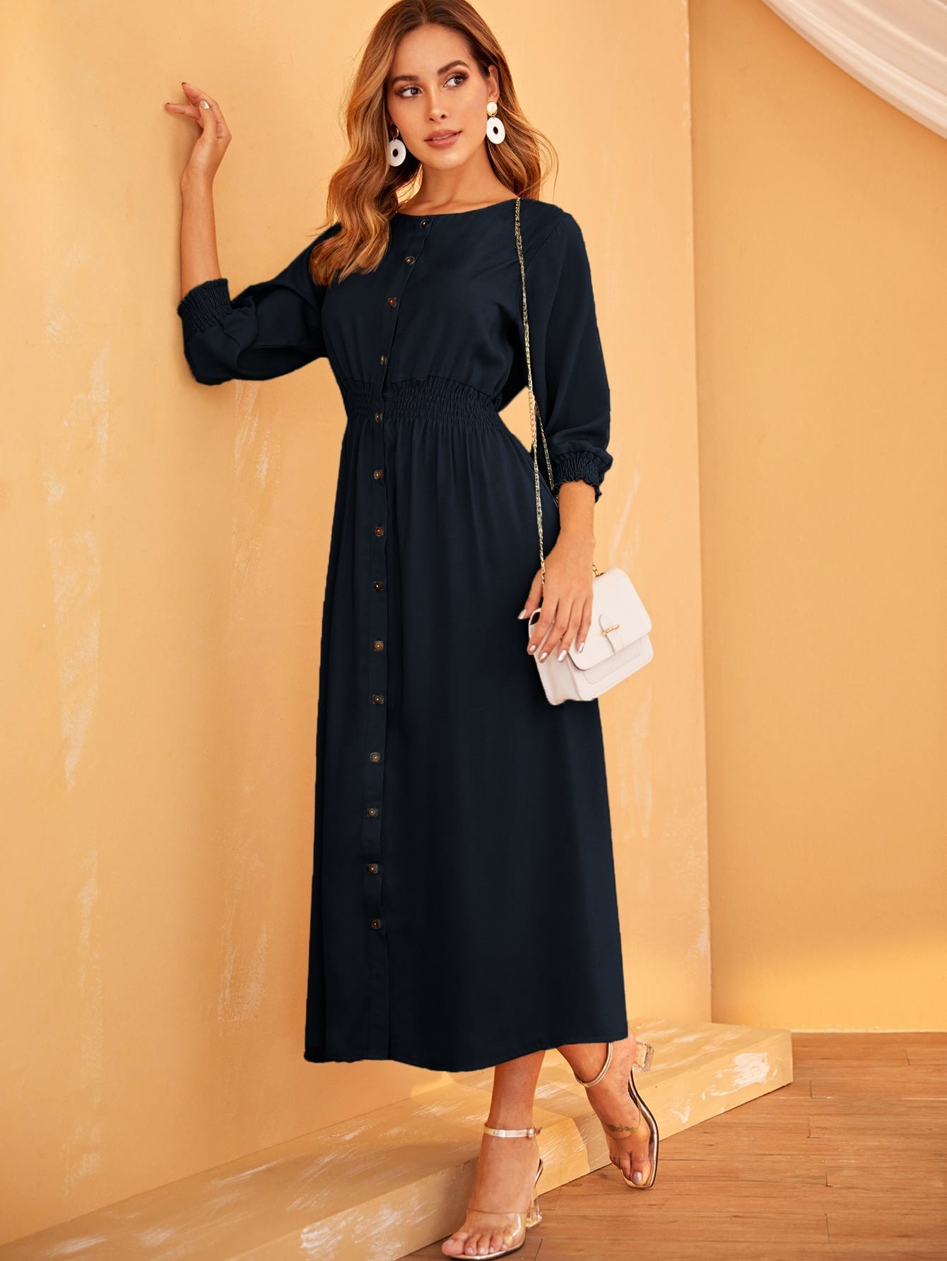 Solid Shirred Button Front Shirt Dress