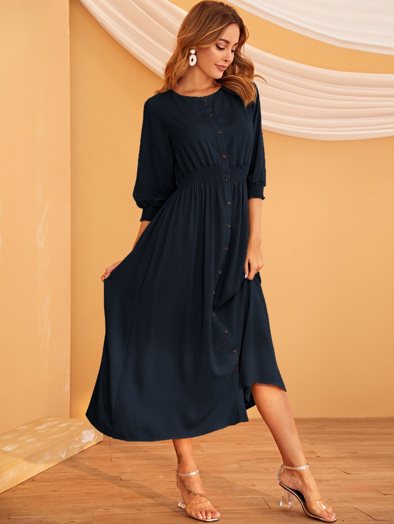 Solid Shirred Button Front Shirt Dress