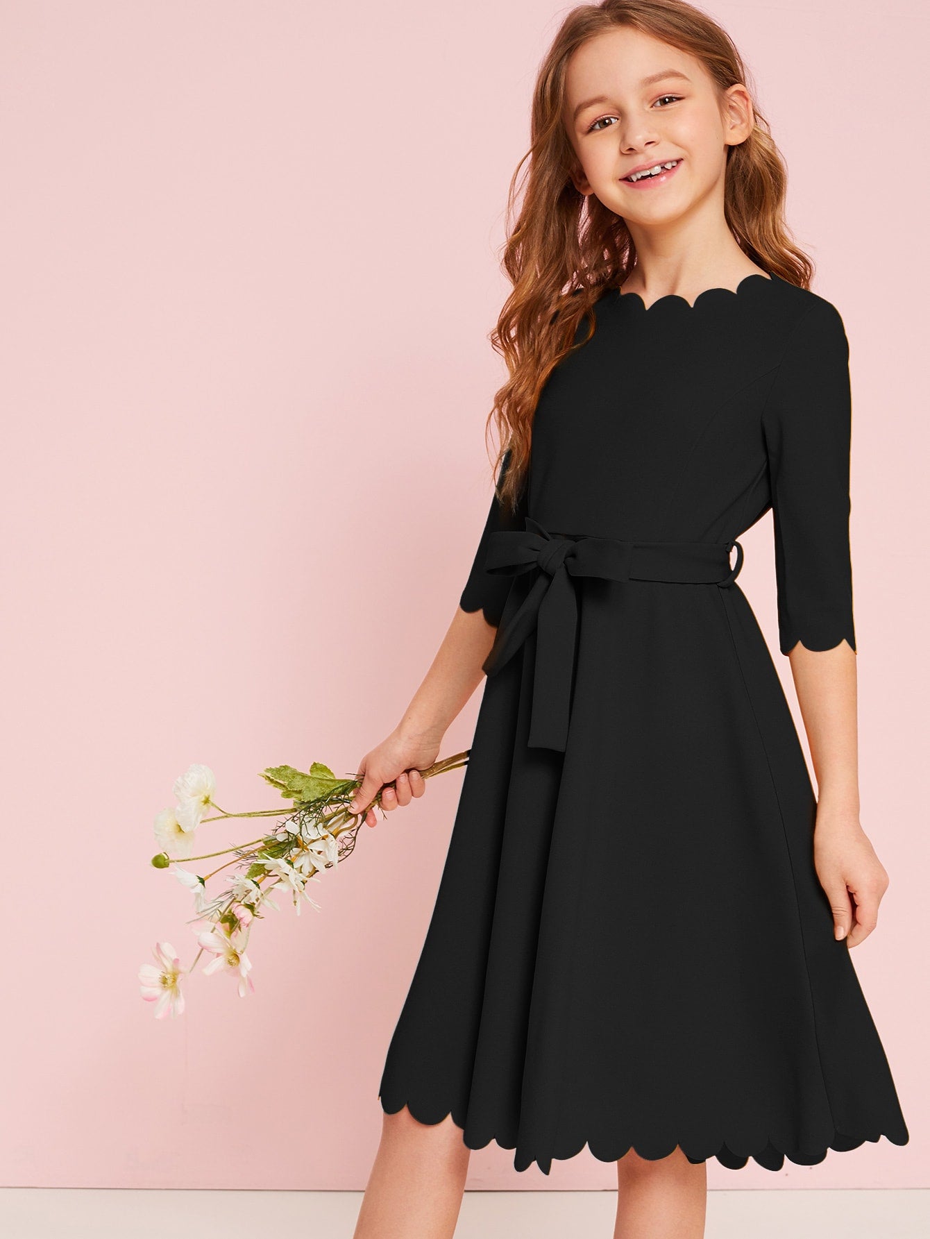 Girls Scallop Trim Belted Dress