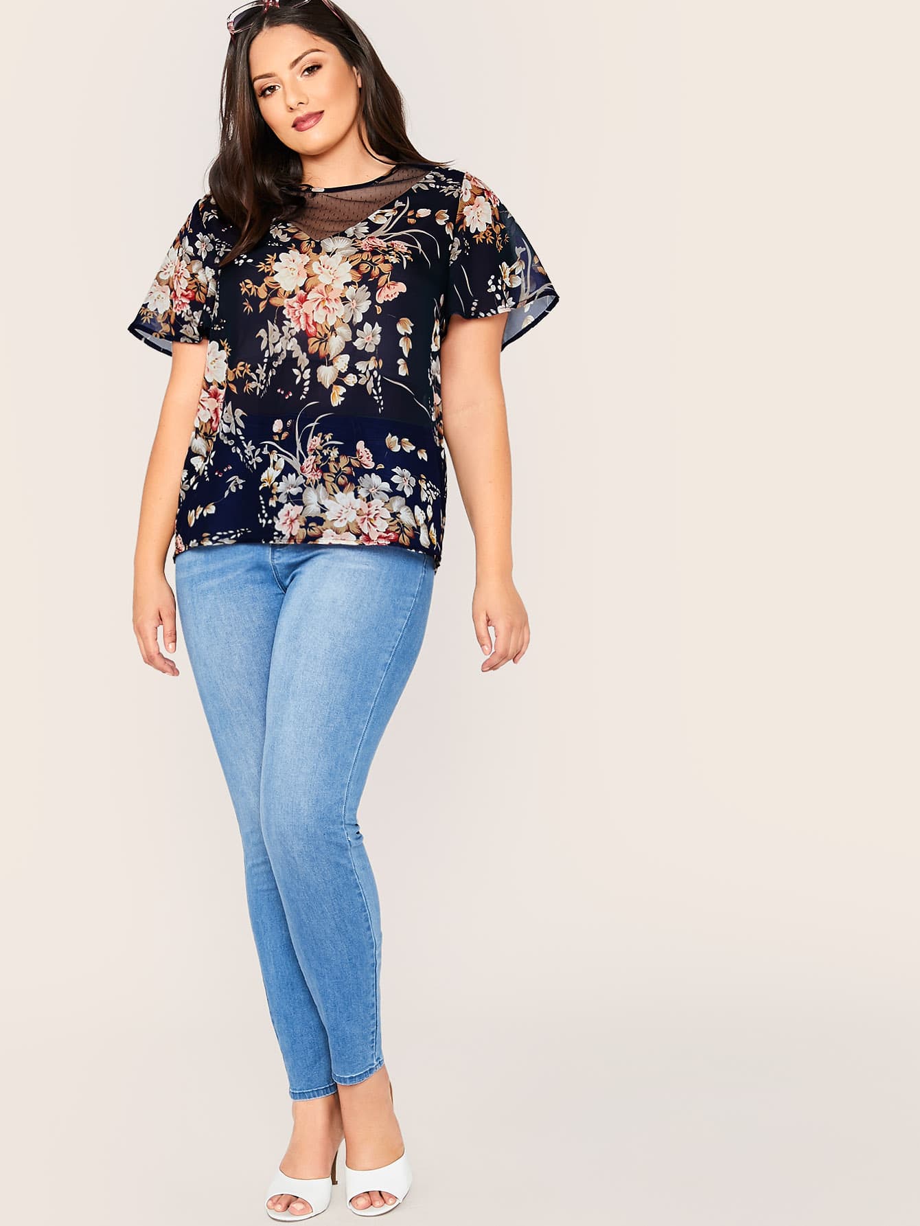 Plus Mesh Insert Flutter Sleeve Floral Print Top