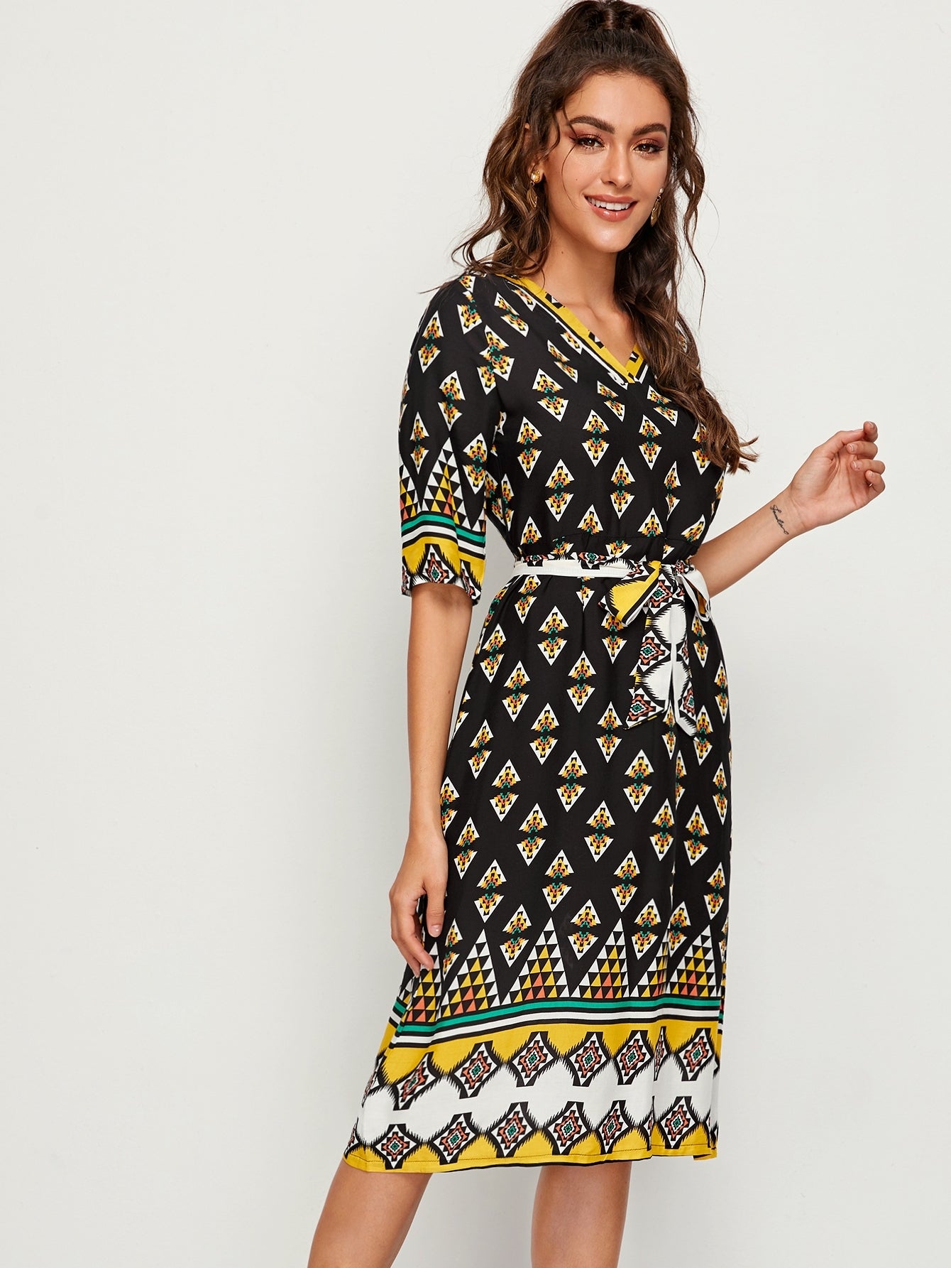 Tribal Print Belted Midi Dress | Amy's Cart Singapore