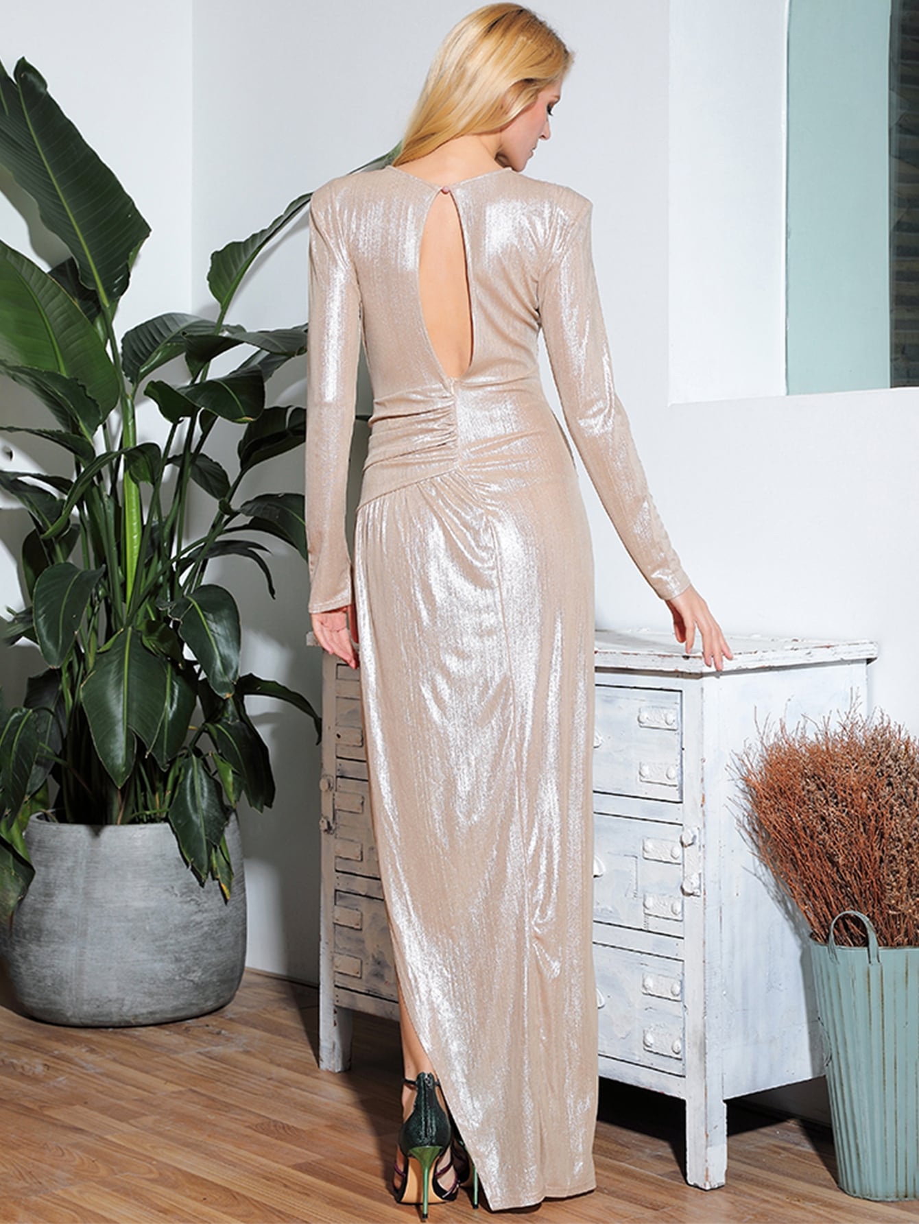 Split Thigh Keyhole Back Ruched Metallic Dress