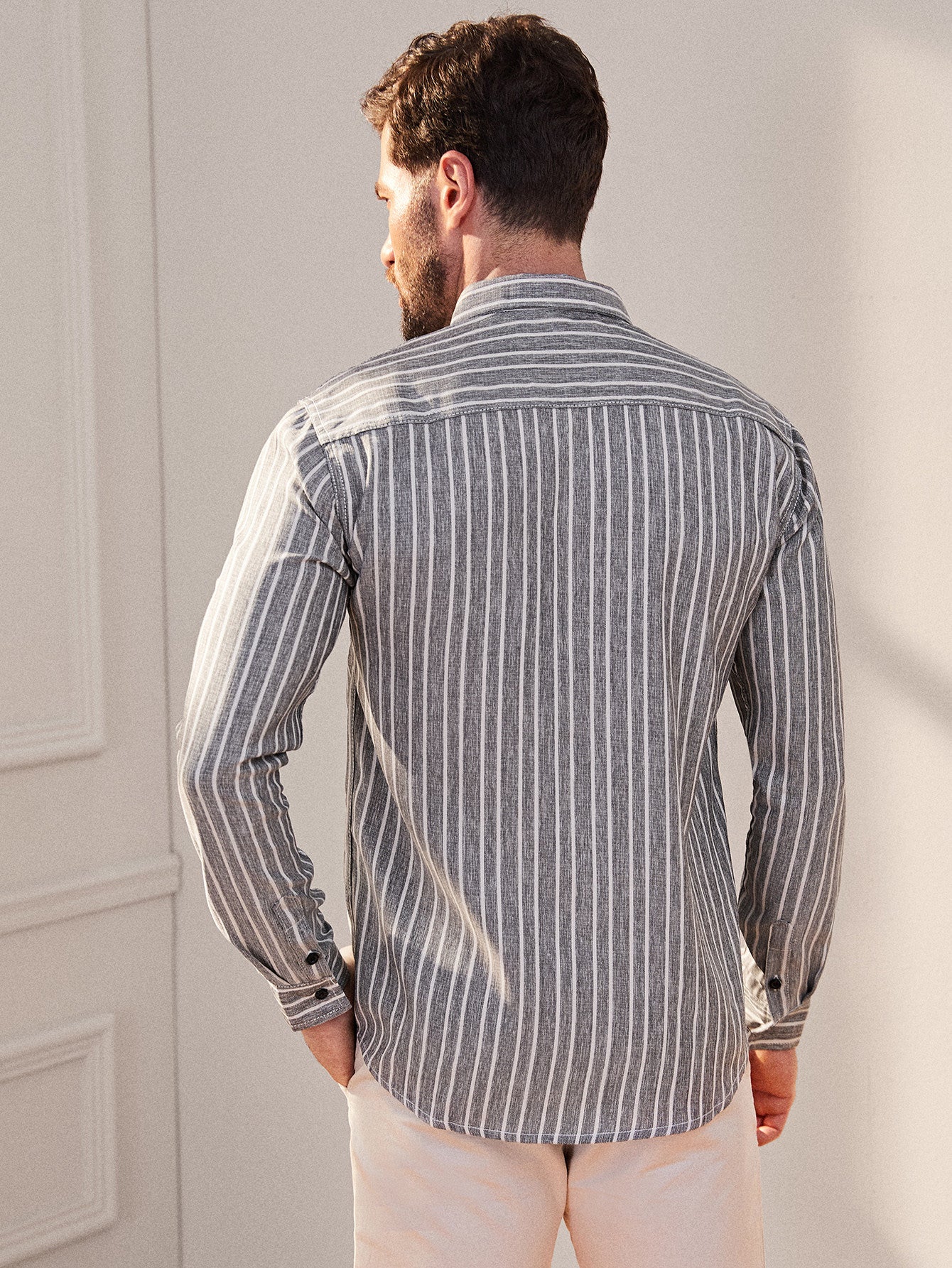 Men Striped Single Sleeve Pocket Shirt