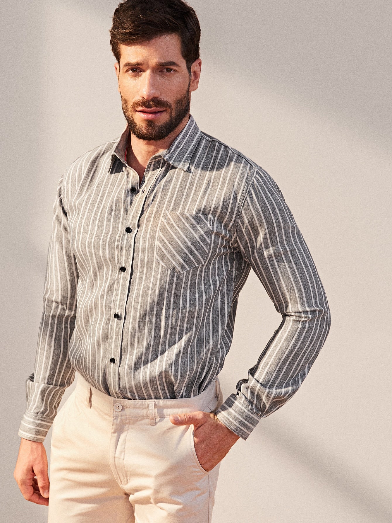 Men Striped Single Sleeve Pocket Shirt