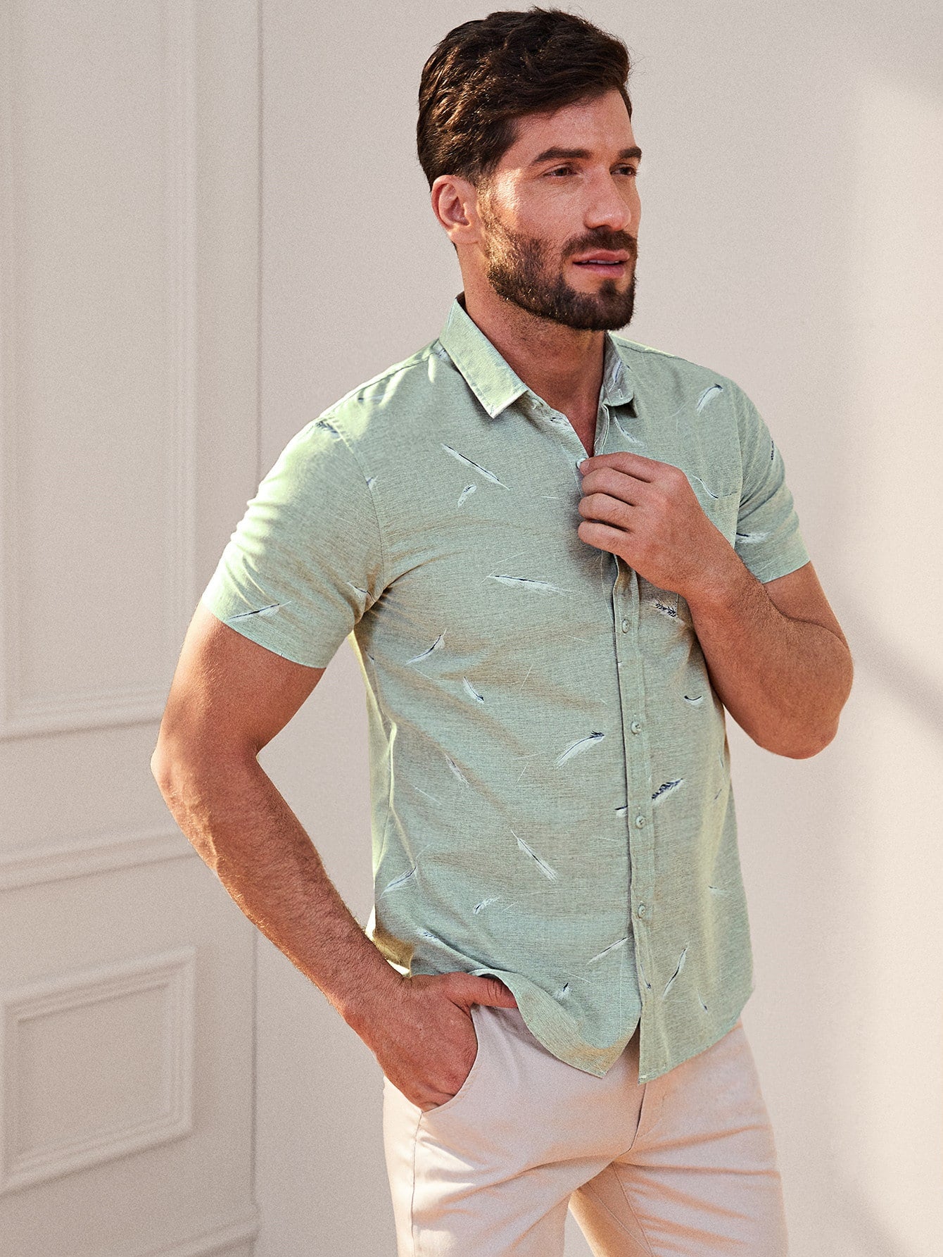 Men Feather Print Pocket Button Front Shirt