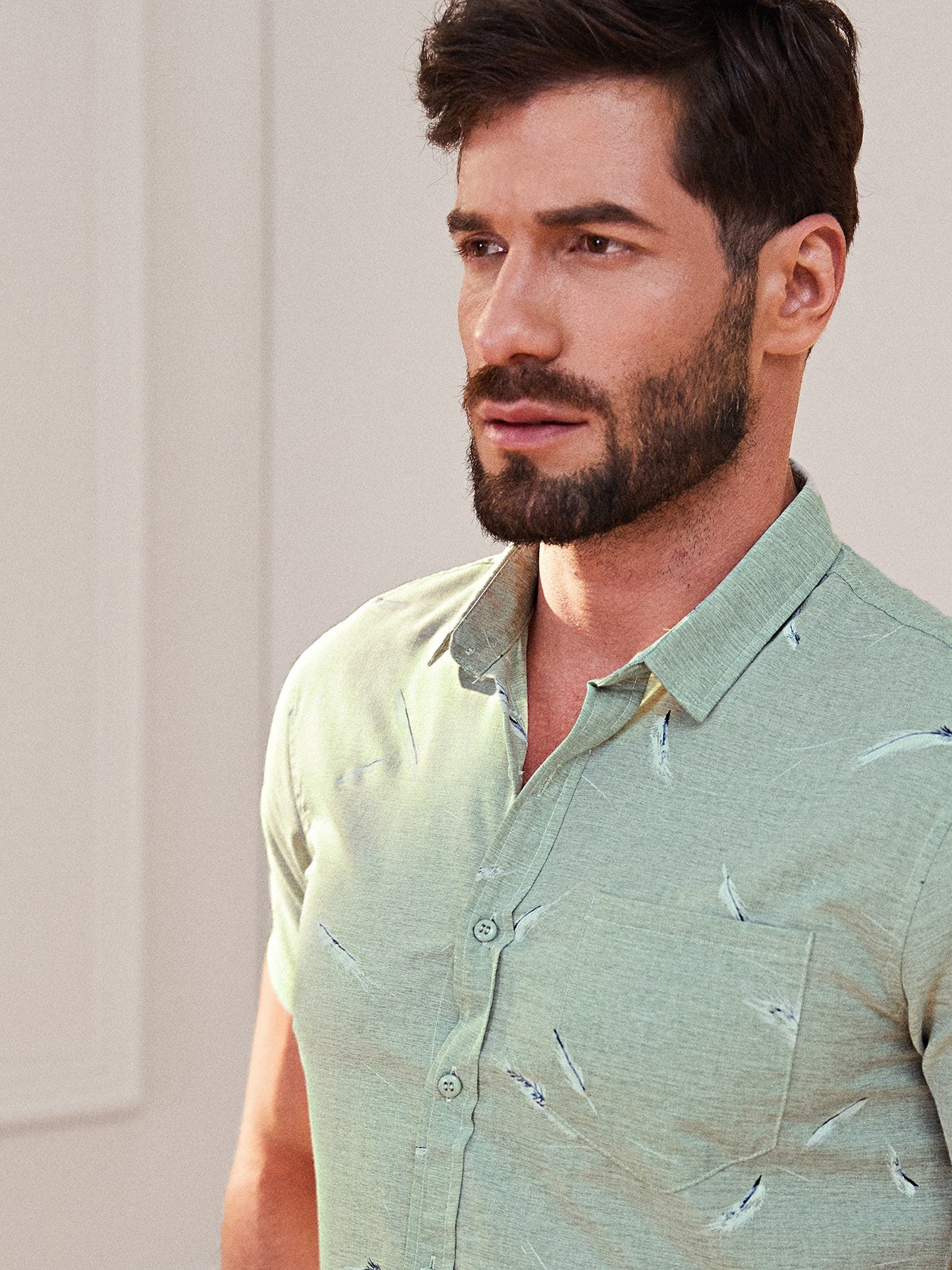 Men Feather Print Pocket Button Front Shirt