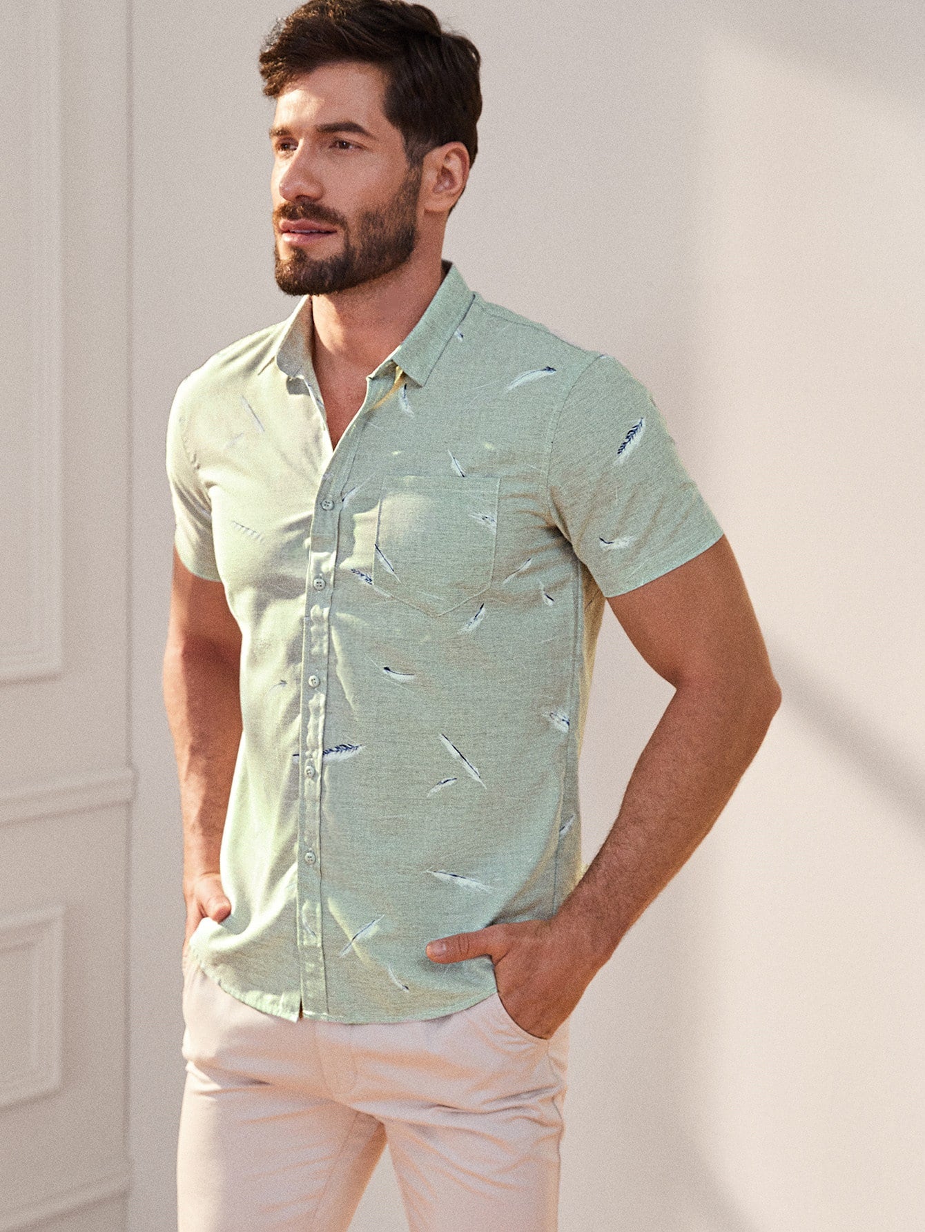 Men Feather Print Pocket Button Front Shirt
