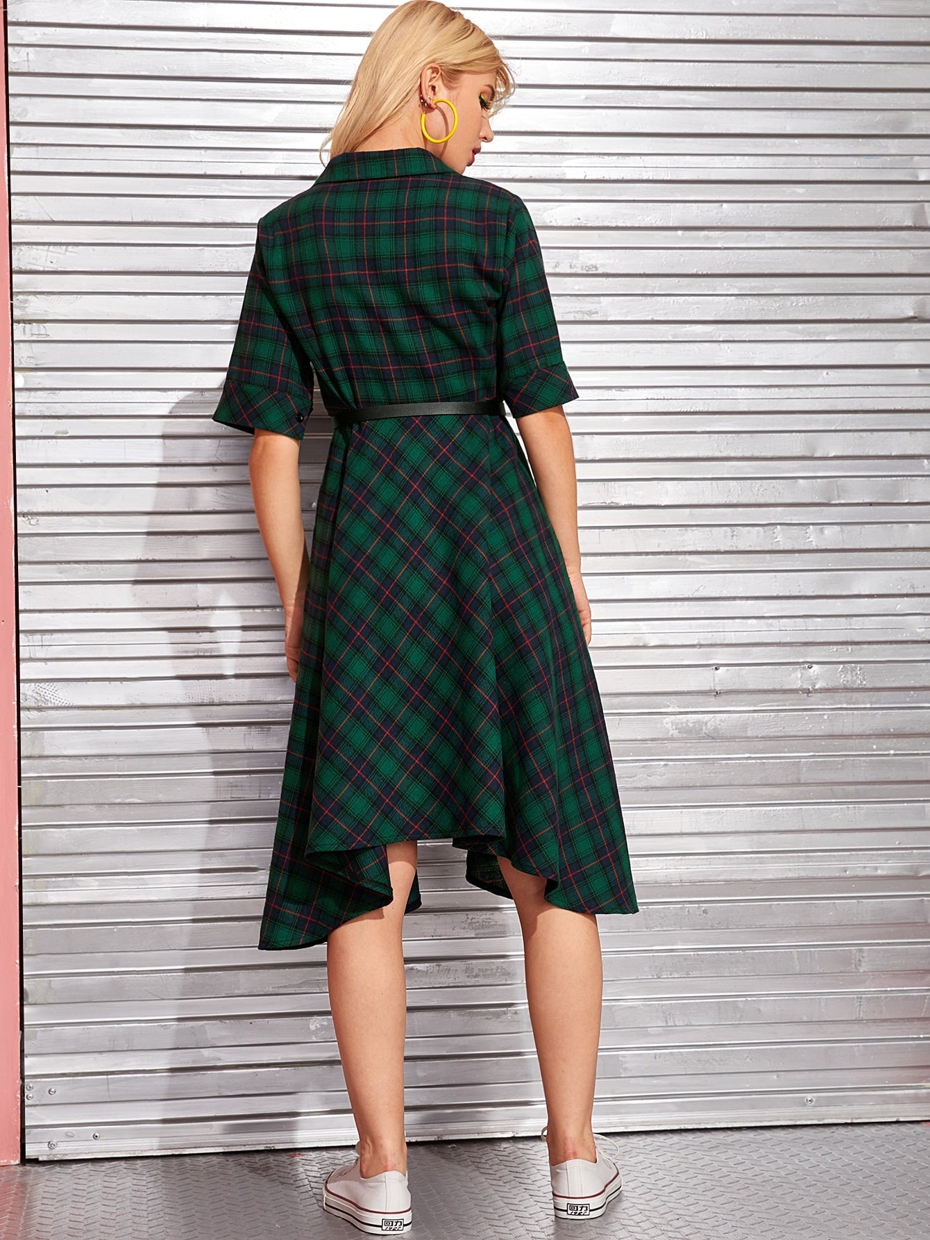Tartan Print Belted Hankey Hem Shirt Dress