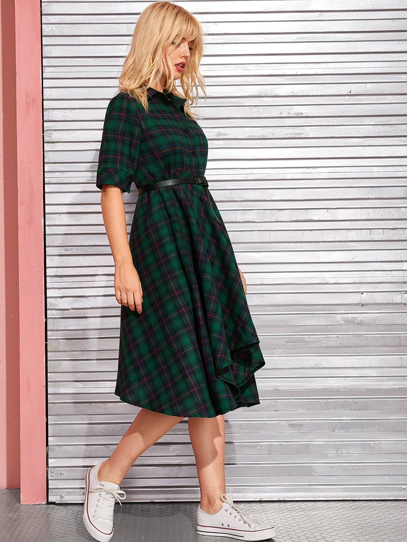 Tartan Print Belted Hankey Hem Shirt Dress