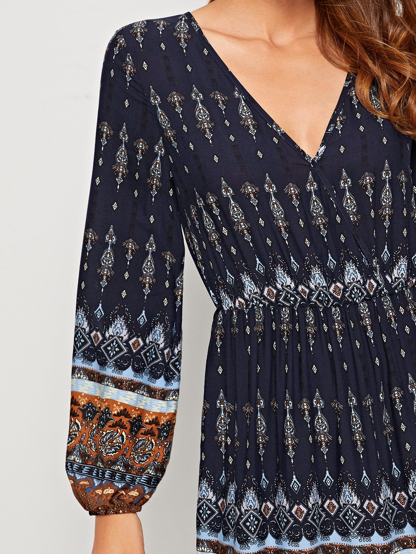Plunge Neck Lantern Sleeve Tribal Print Dress | Amy's Cart Singapore