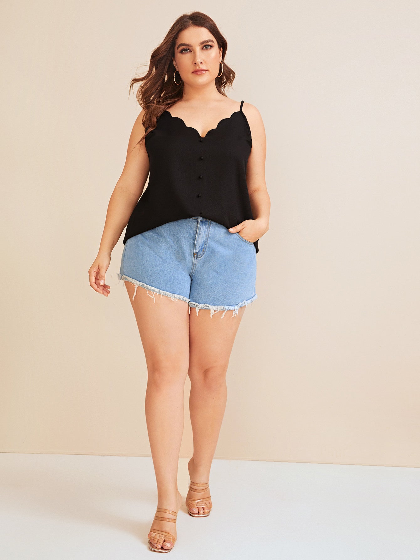 Plus Scallop Trim Button Front Cami Top