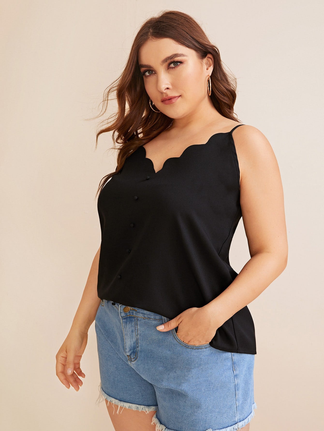 Plus Scallop Trim Button Front Cami Top