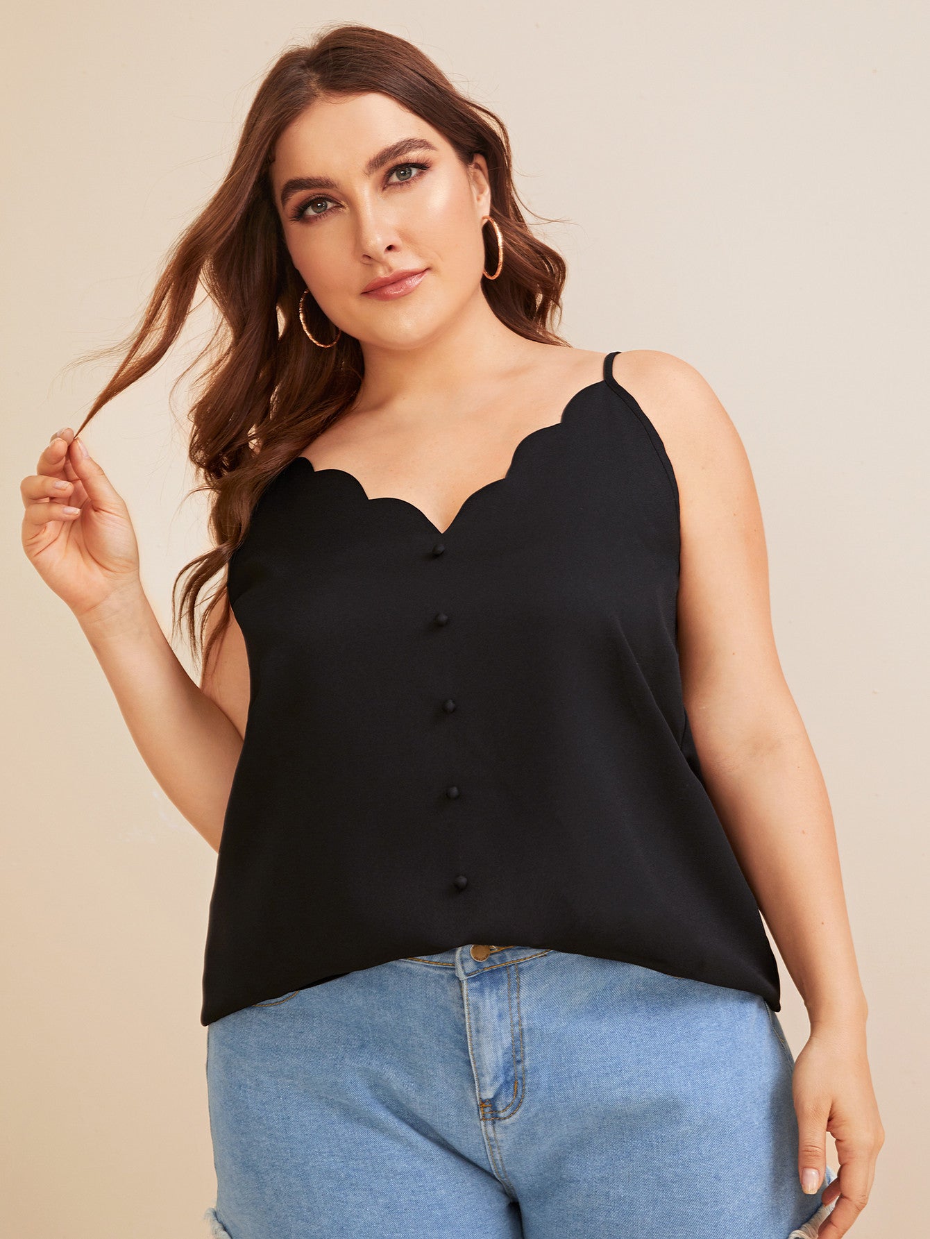 Plus Scallop Trim Button Front Cami Top