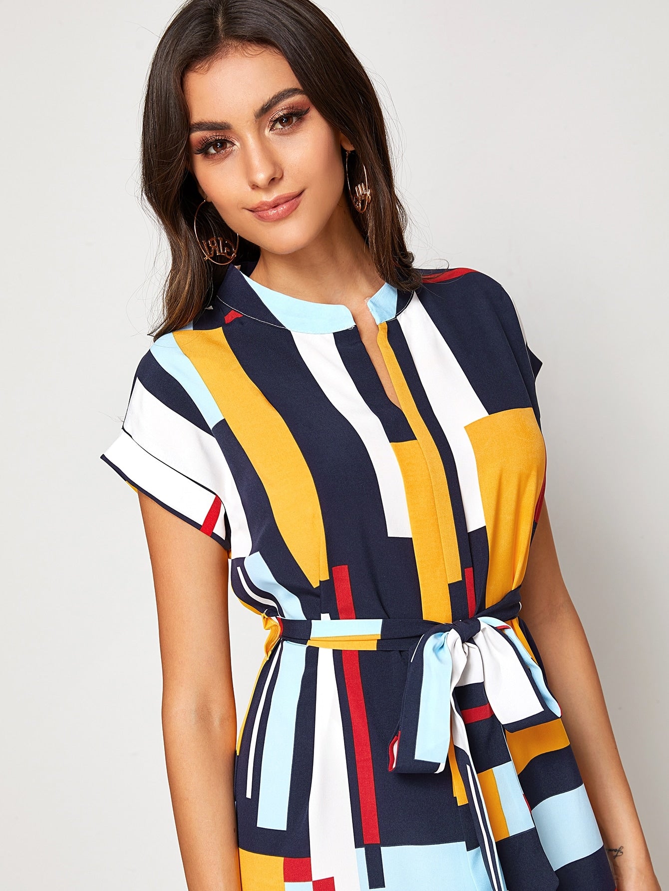 Colorful Geo Print Self Tie Curved Hem Dress