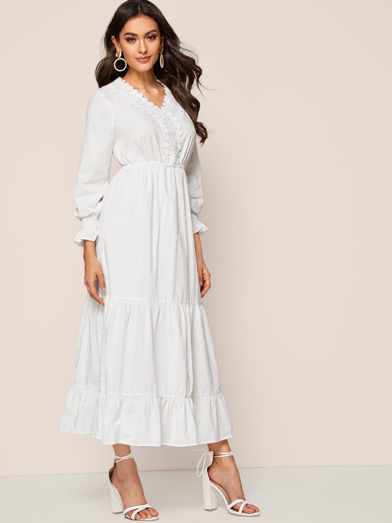 Lace Crochet Contrast Ruffle Hem Dress