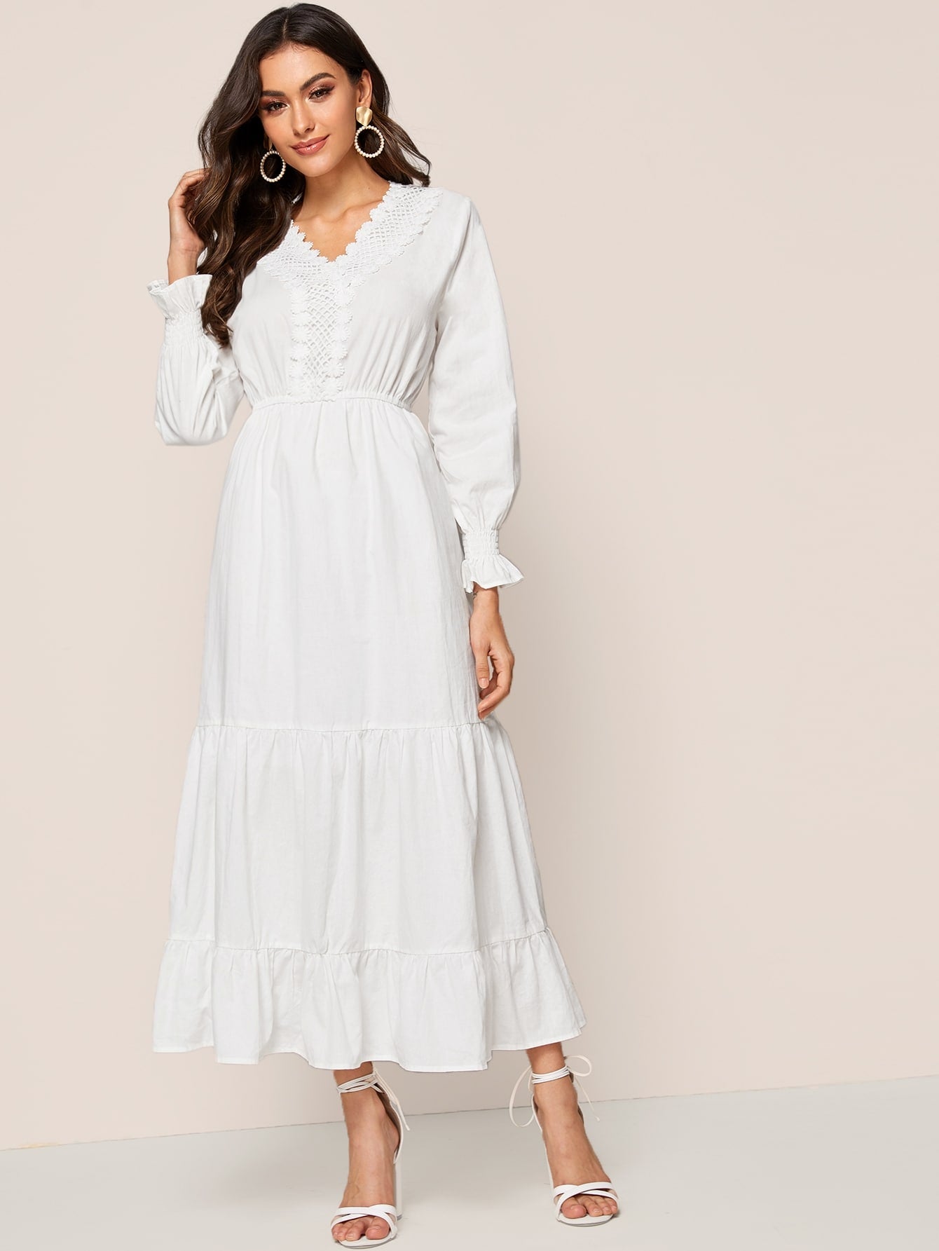 Lace Crochet Contrast Ruffle Hem Dress