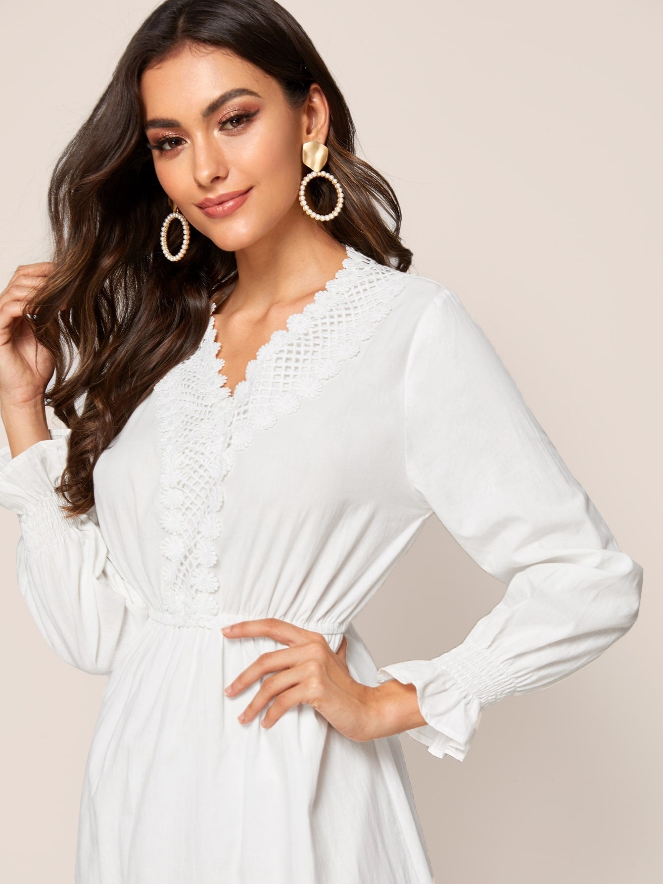 Lace Crochet Contrast Ruffle Hem Dress