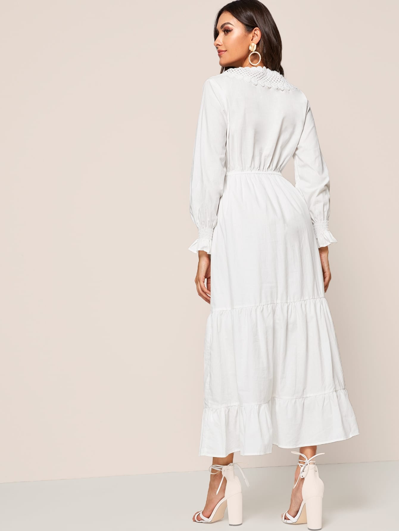 Lace Crochet Contrast Ruffle Hem Dress