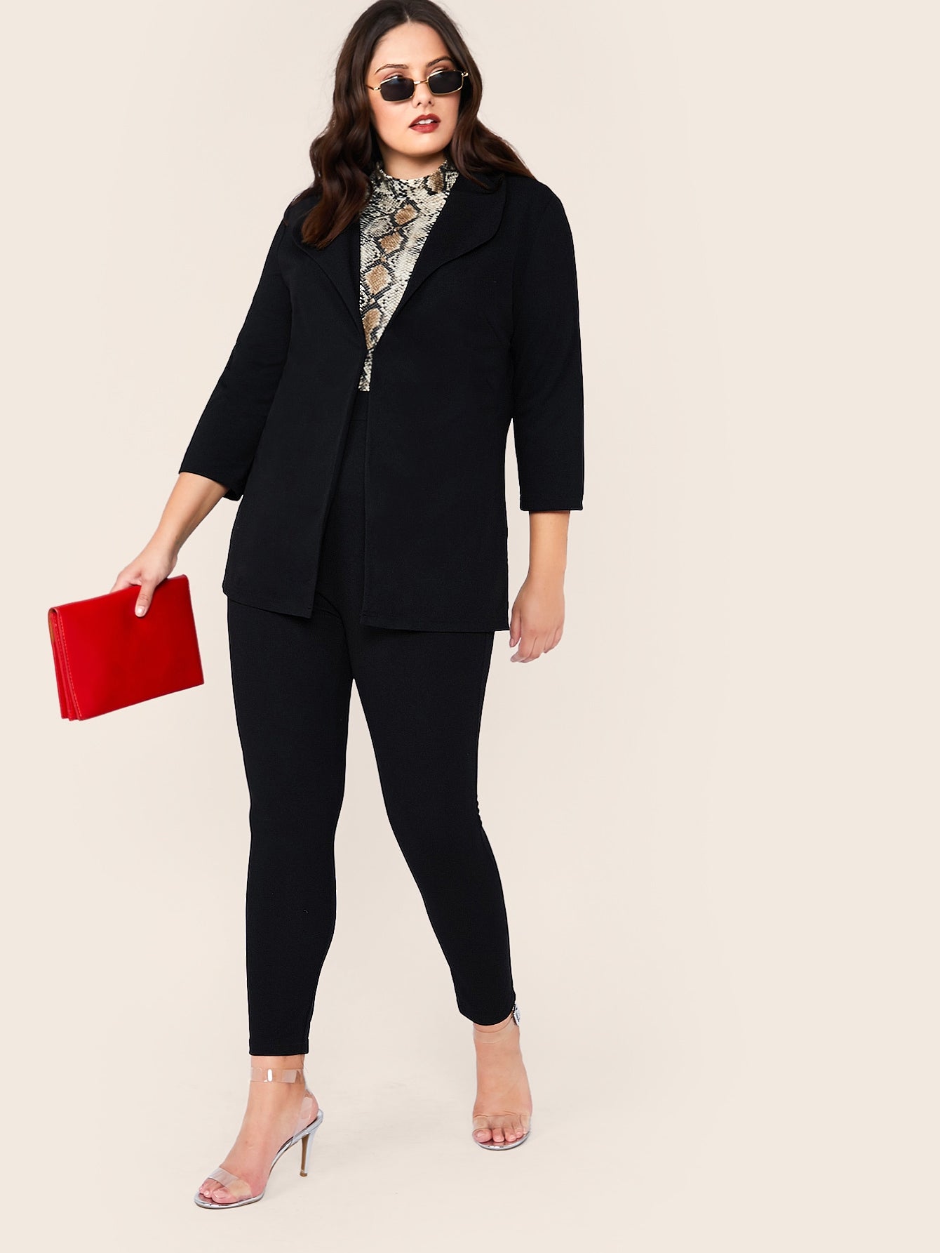 Plus Shawl Collar Open Front Blazer & Pants Set