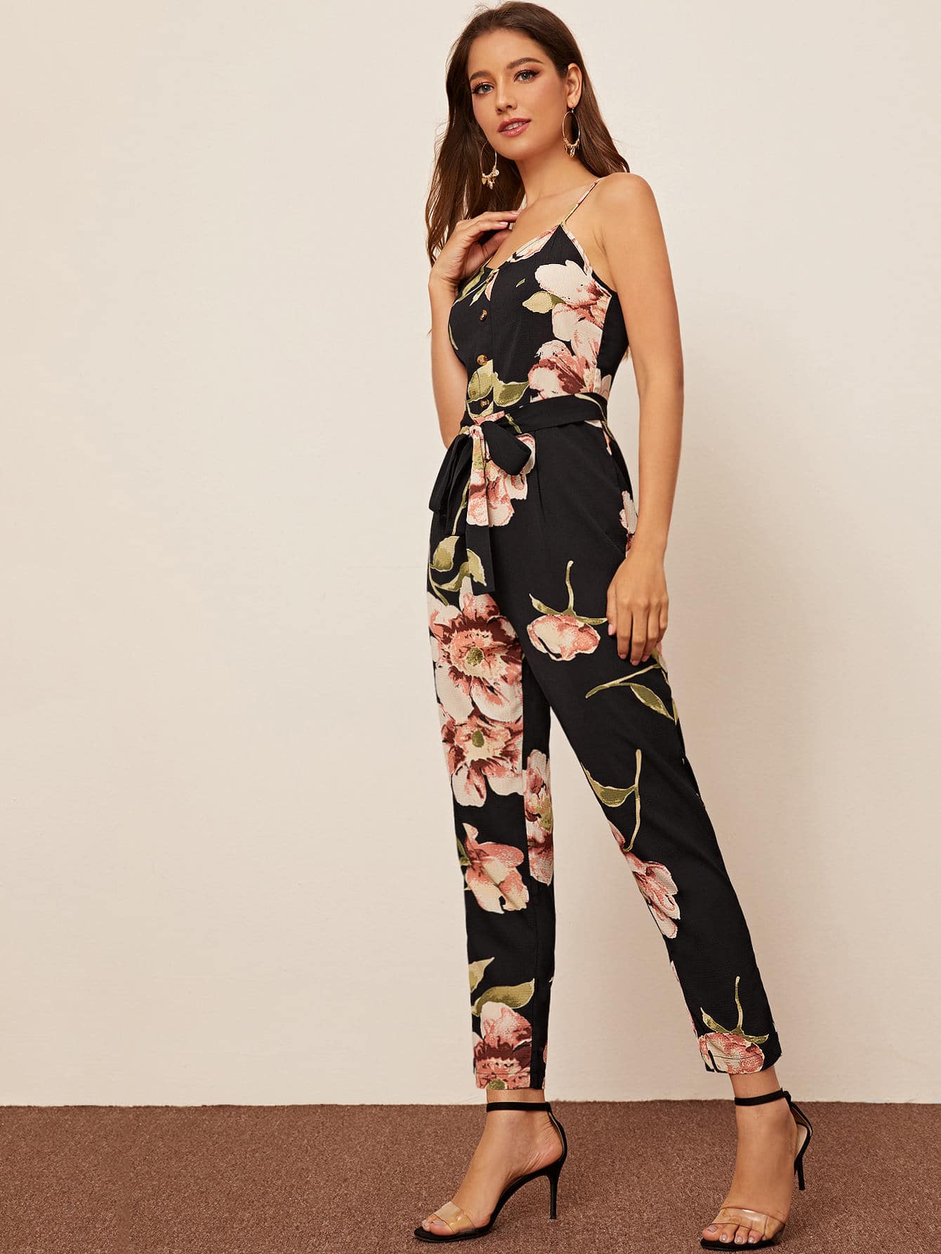 Floral Print Button Front Belted Cami Jumpsuit