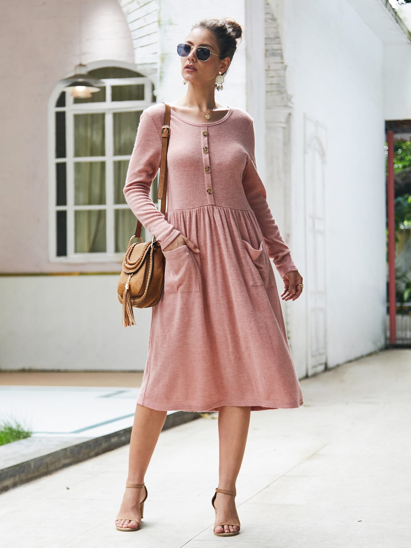 Dual Pockets Button Front Midi Sweater Dress