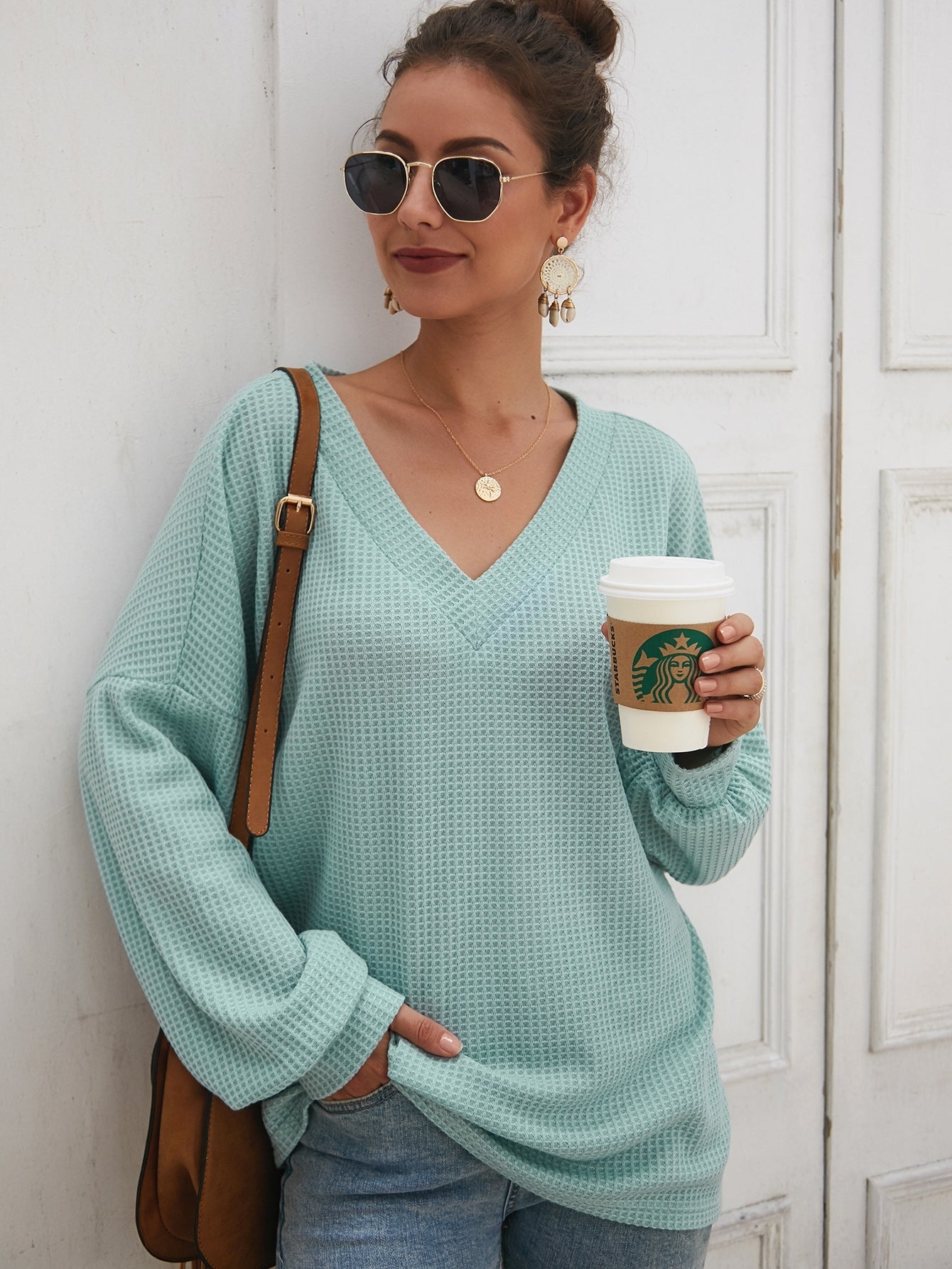Solid V-neck Drop Shoulder Jumper | Amy's Cart Singapore