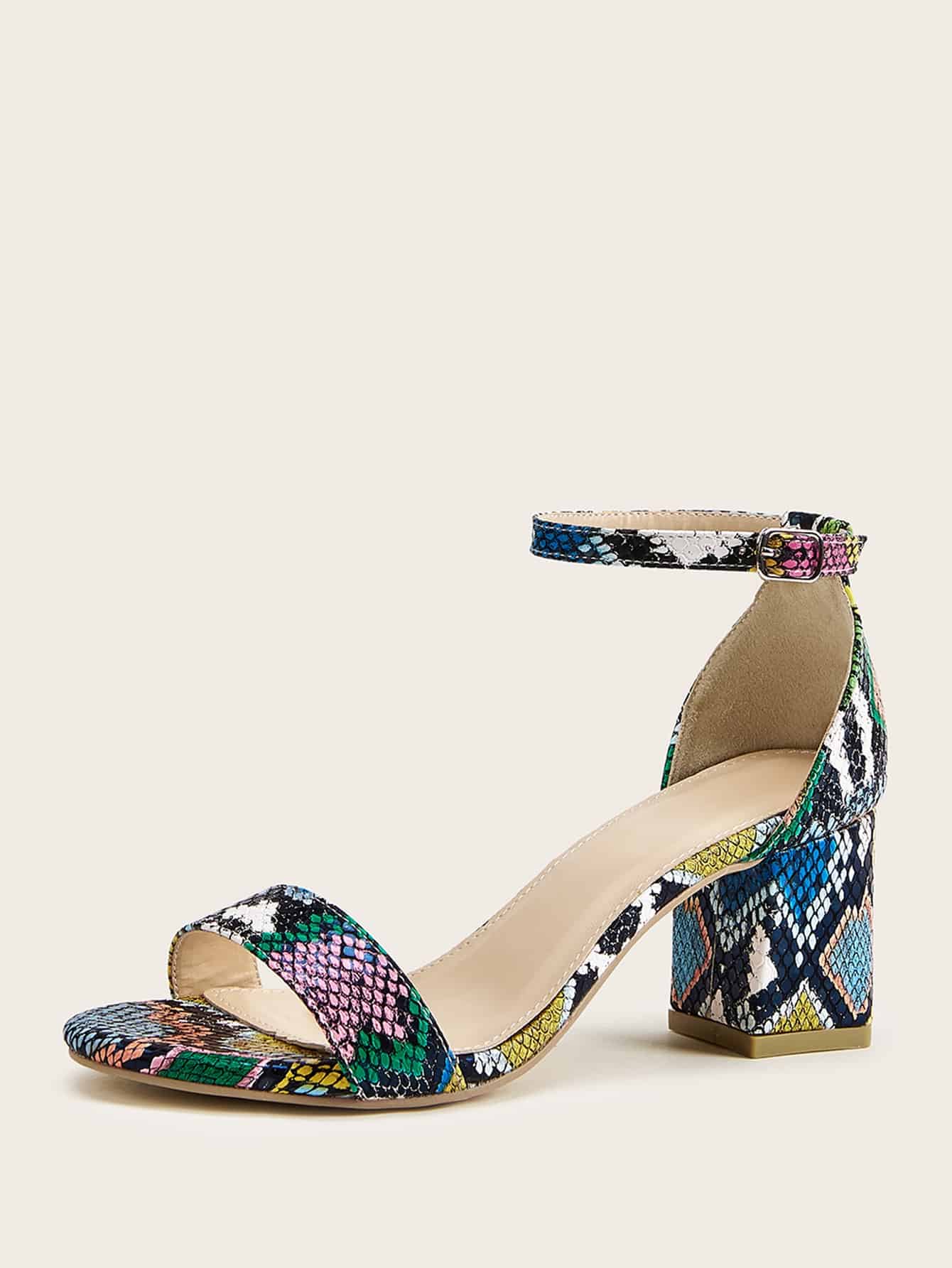 Ankle Strap Snakeskin Print Chunky Heels
