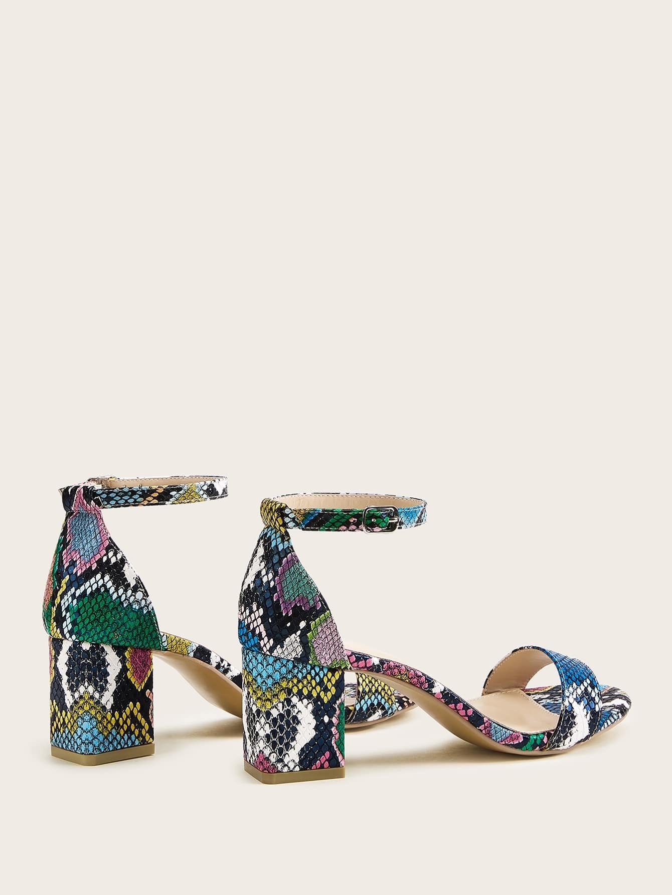 Ankle Strap Snakeskin Print Chunky Heels