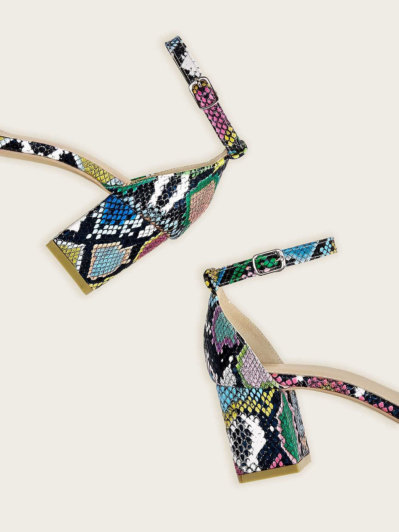 Ankle Strap Snakeskin Print Chunky Heels