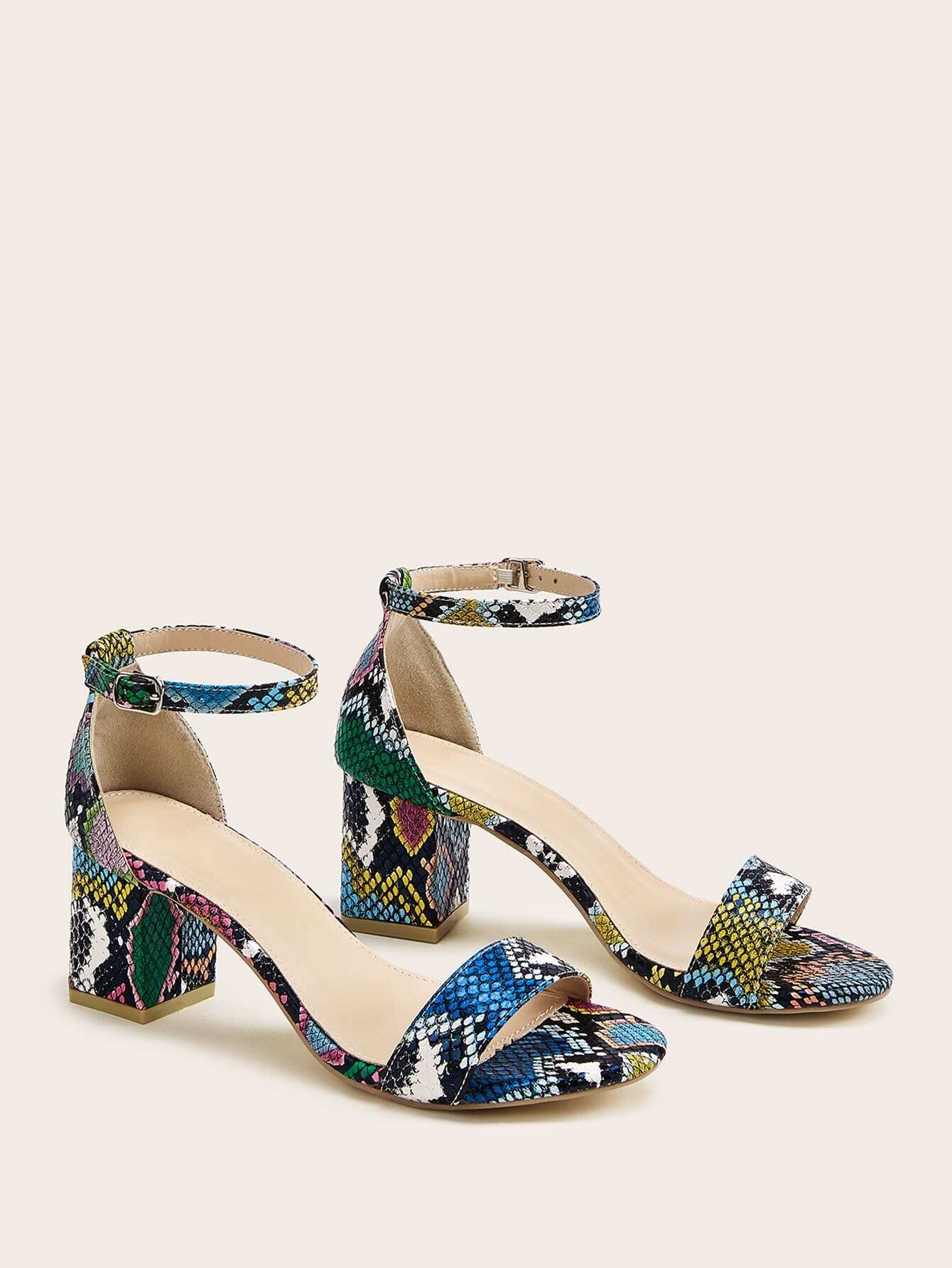 Ankle Strap Snakeskin Print Chunky Heels