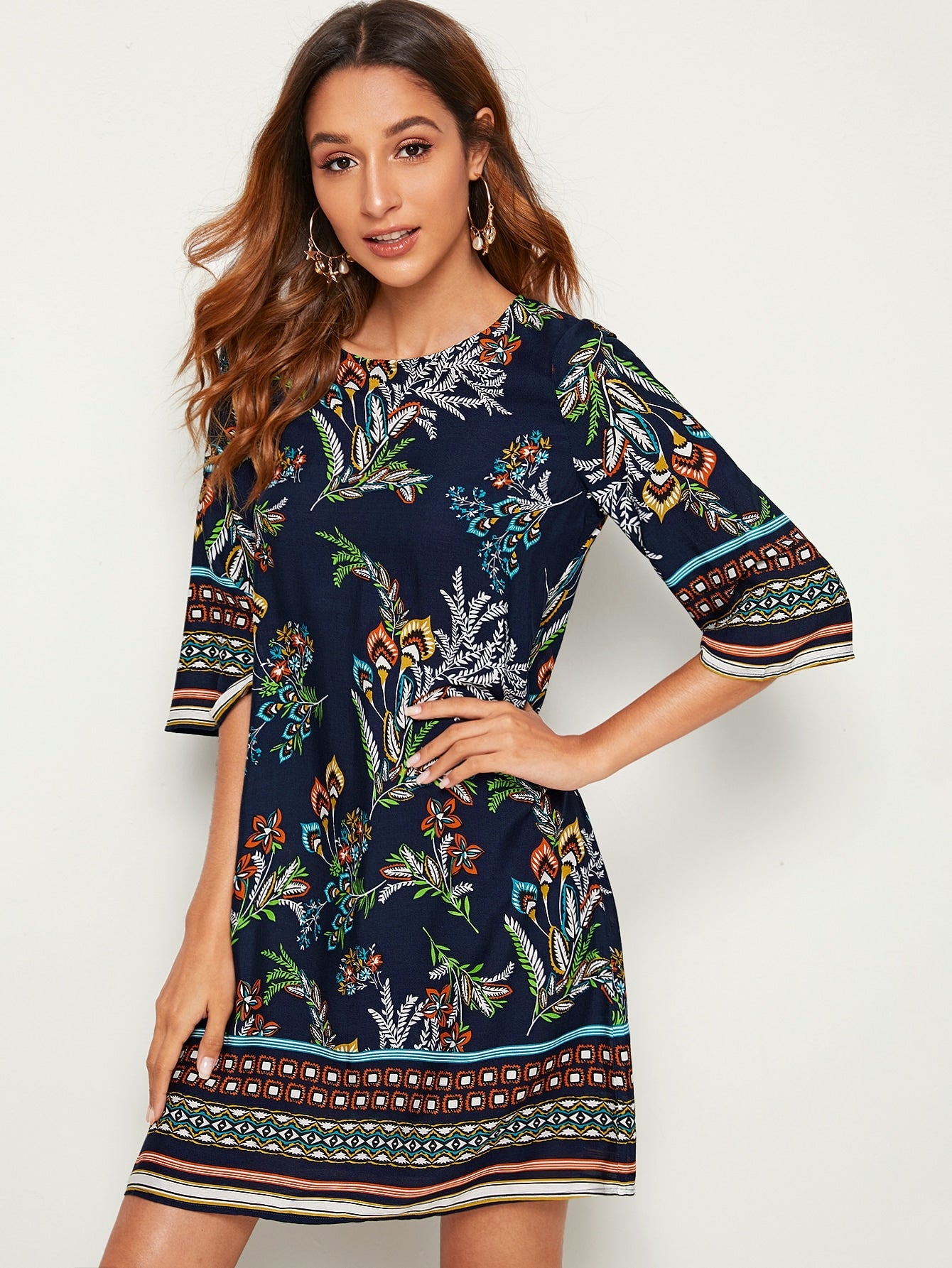 Keyhole Back Botanical Print Tunic Dress