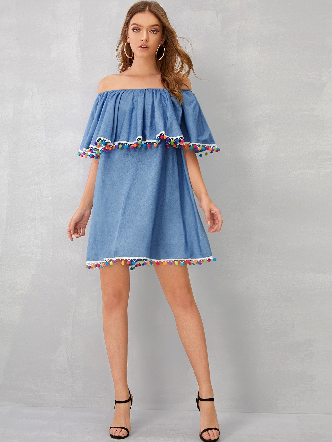 Colorful Pom Pom Off Shoulder Denim Dress
