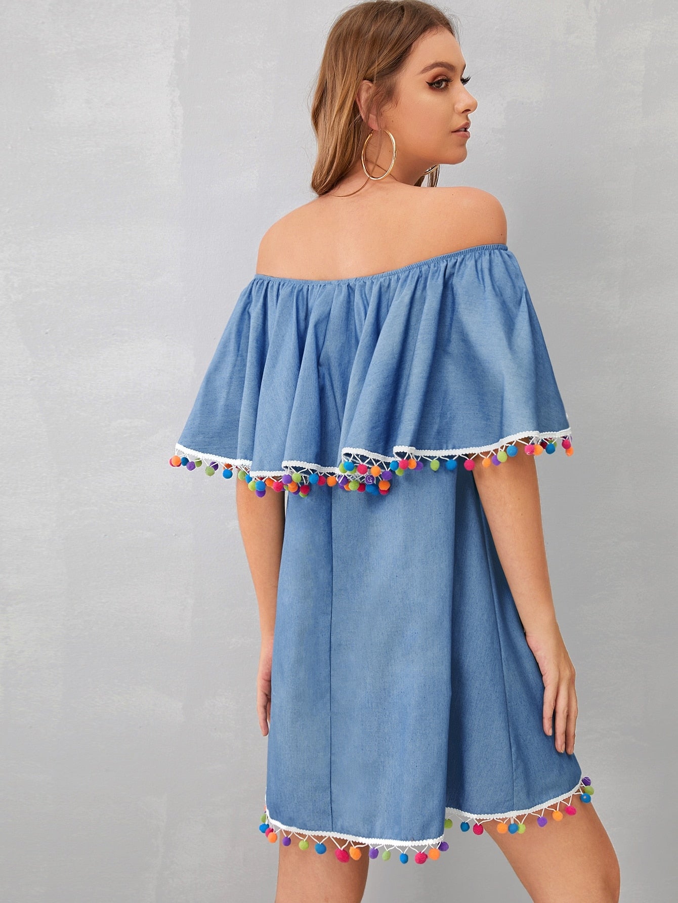 Colorful Pom Pom Off Shoulder Denim Dress