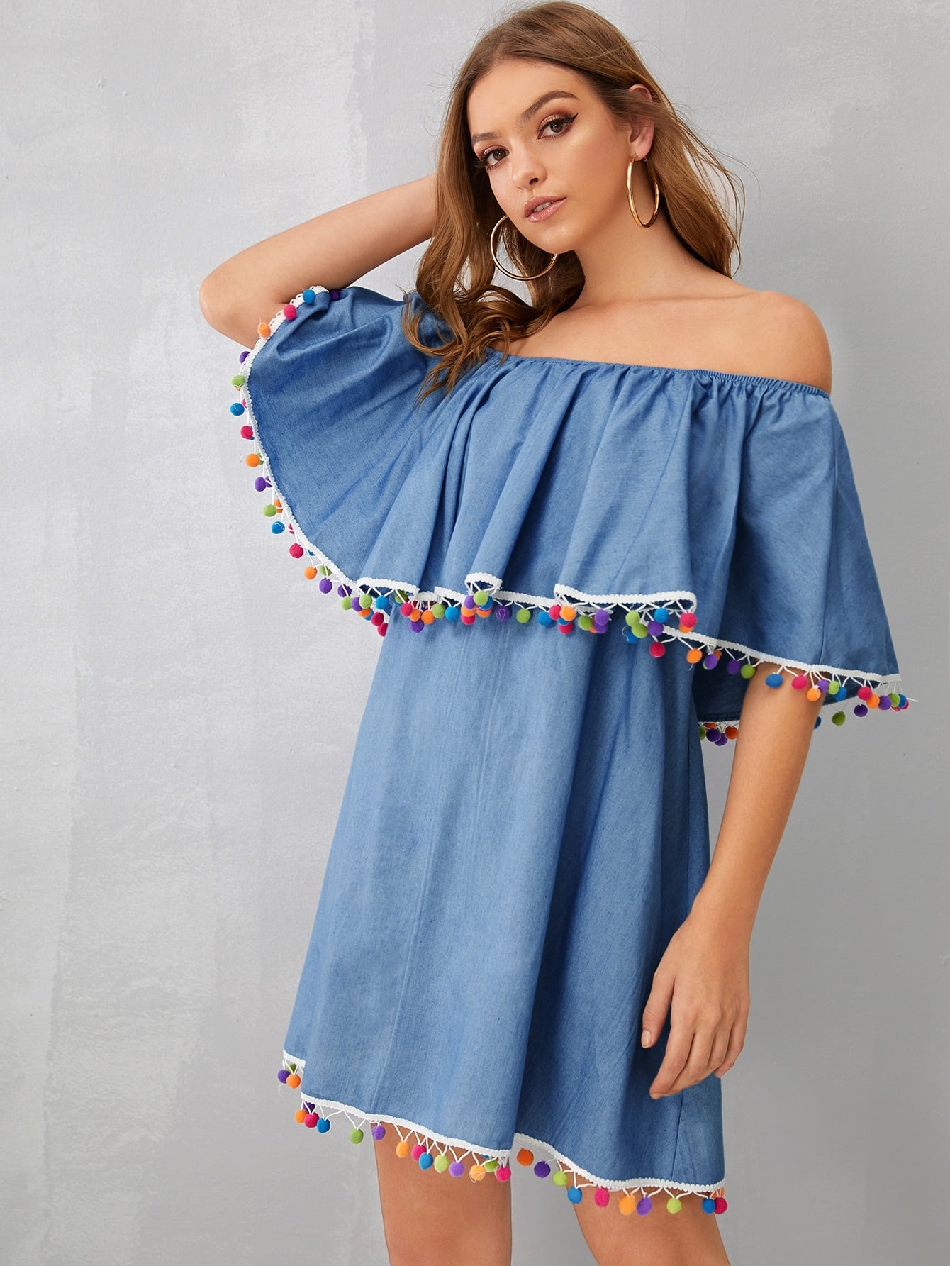 Colorful Pom Pom Off Shoulder Denim Dress