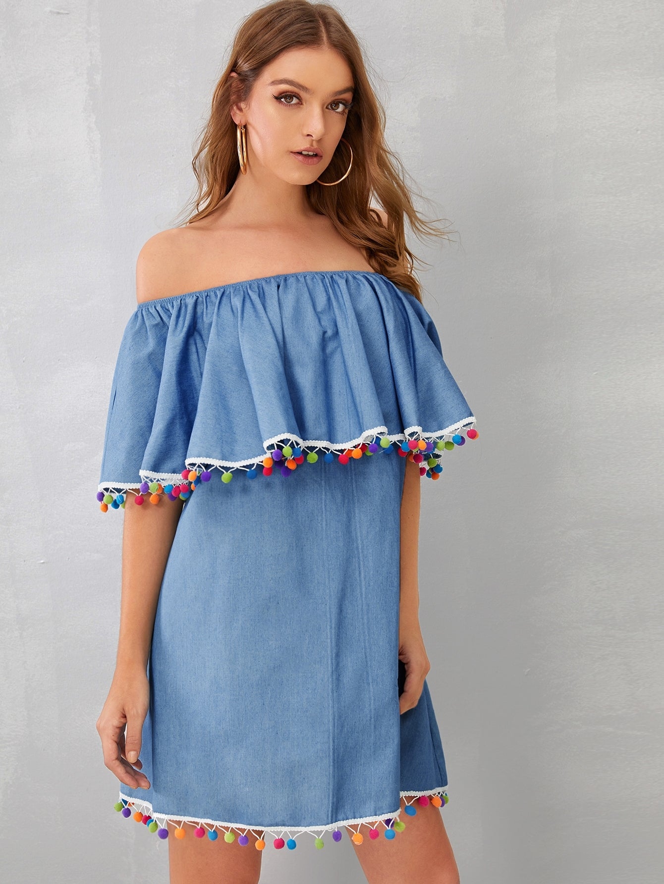 Colorful Pom Pom Off Shoulder Denim Dress
