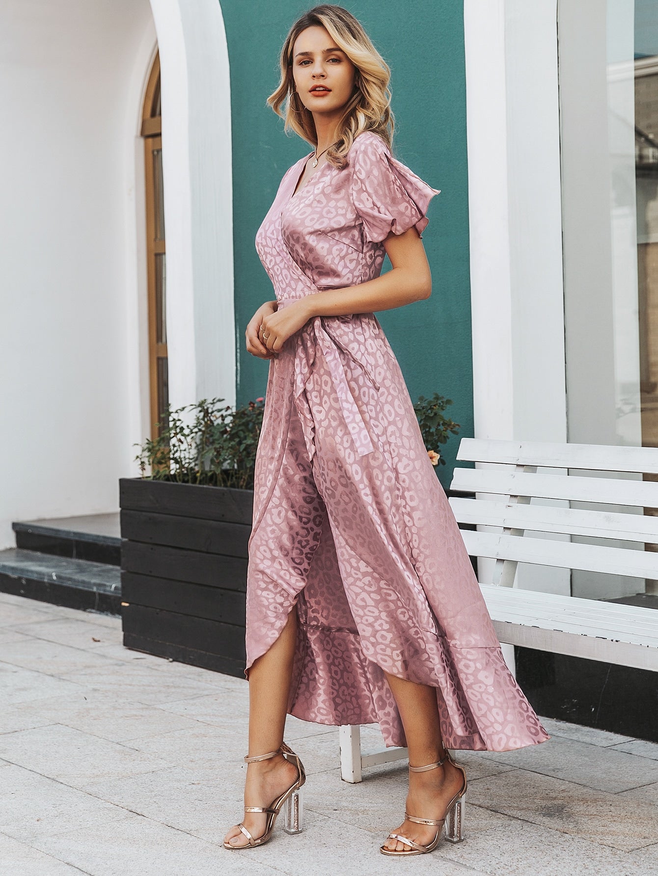 Leopard Asymmetrical Ruffle Hem Wrap Belted Satin Dress