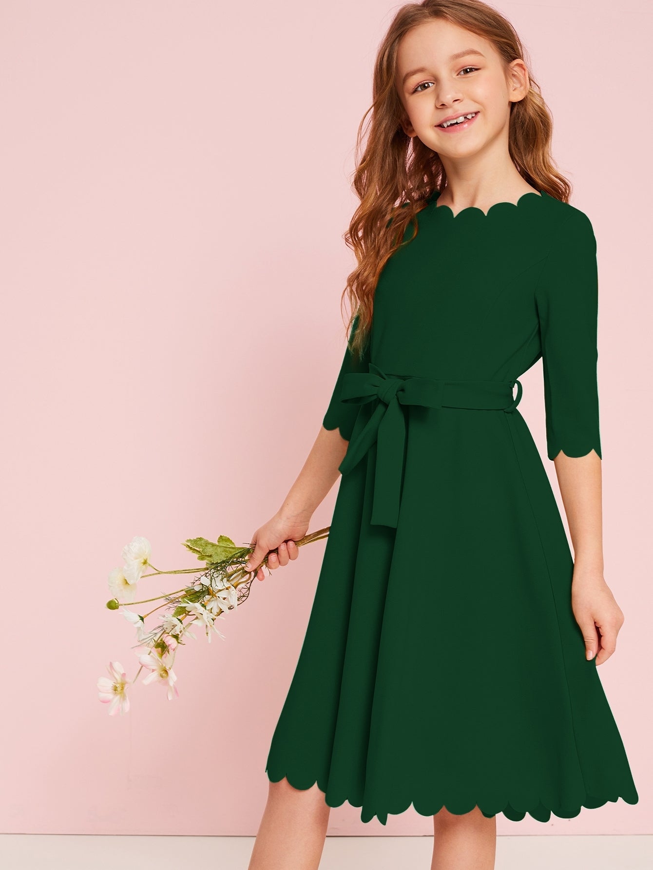 Girls Scallop Trim Belted Dress