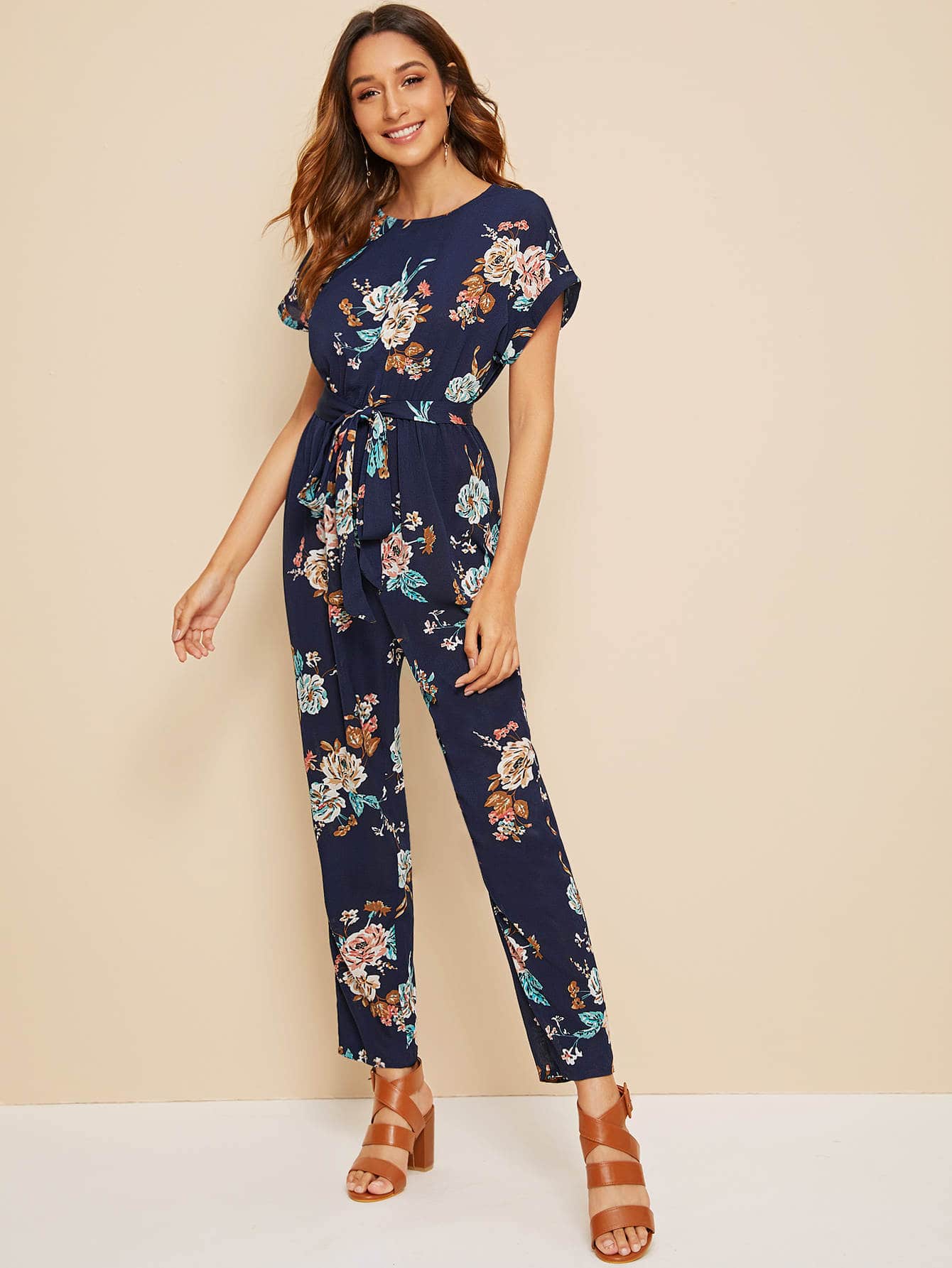 Floral Print Batwing Sleeve Belted Jumpsuit