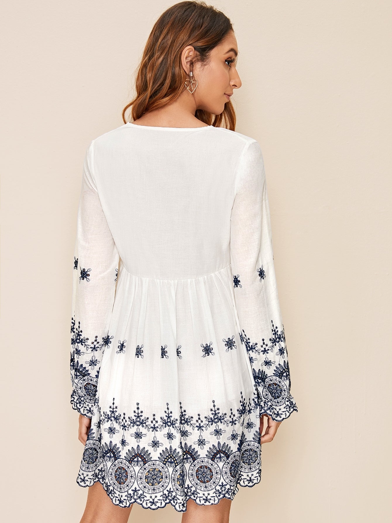 Deep V-neck Floral Embroidered Dress