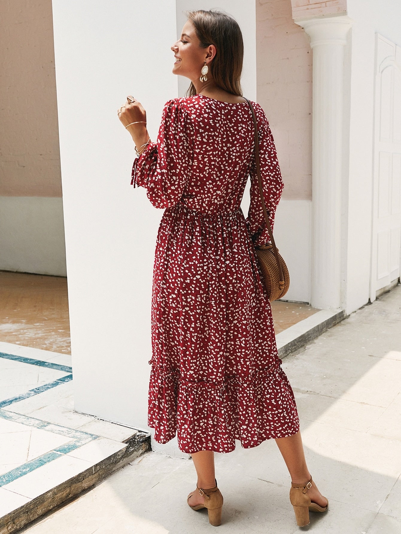 Button Front Ditsy Floral Print Ruffle Hem Dress