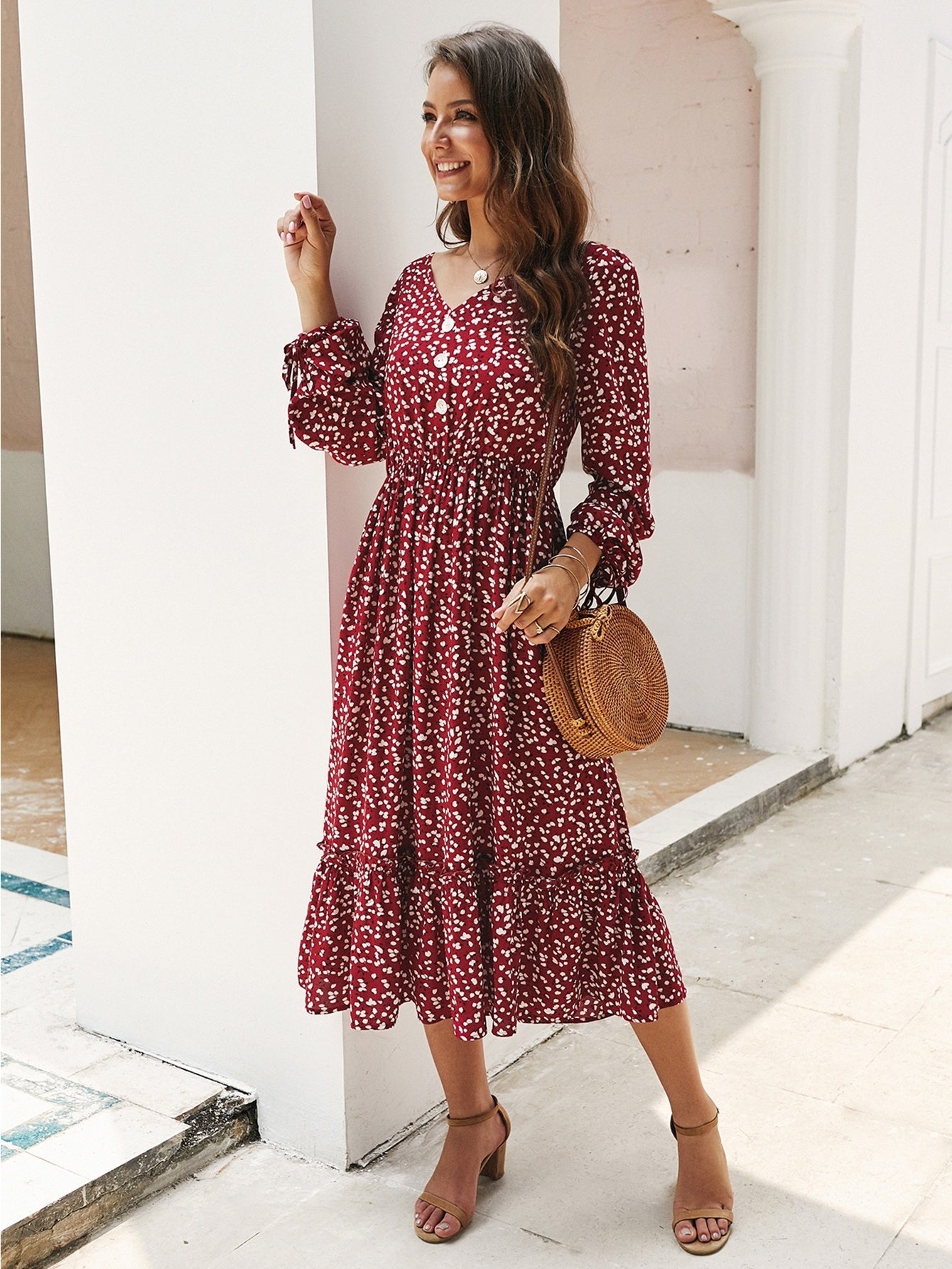 Button Front Ditsy Floral Print Ruffle Hem Dress