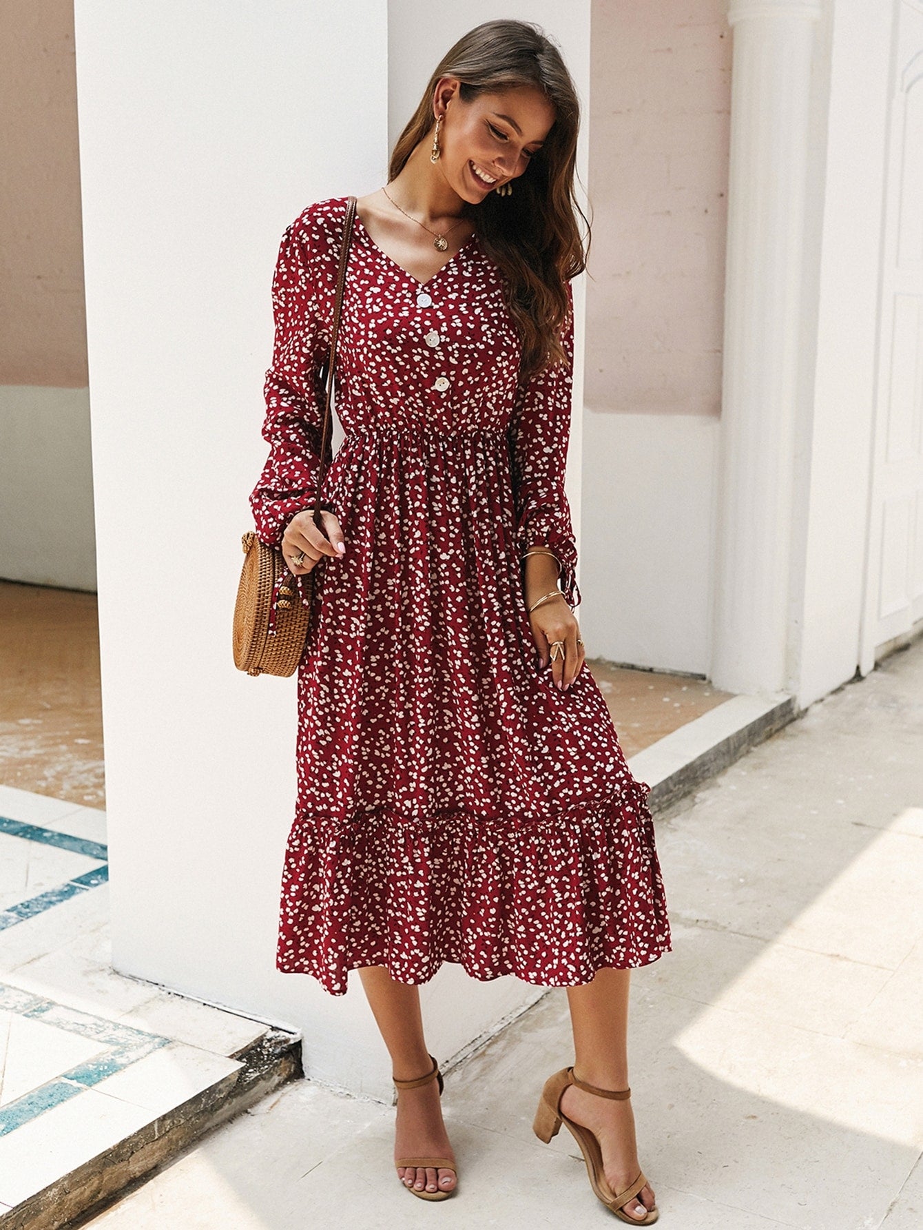 Button Front Ditsy Floral Print Ruffle Hem Dress