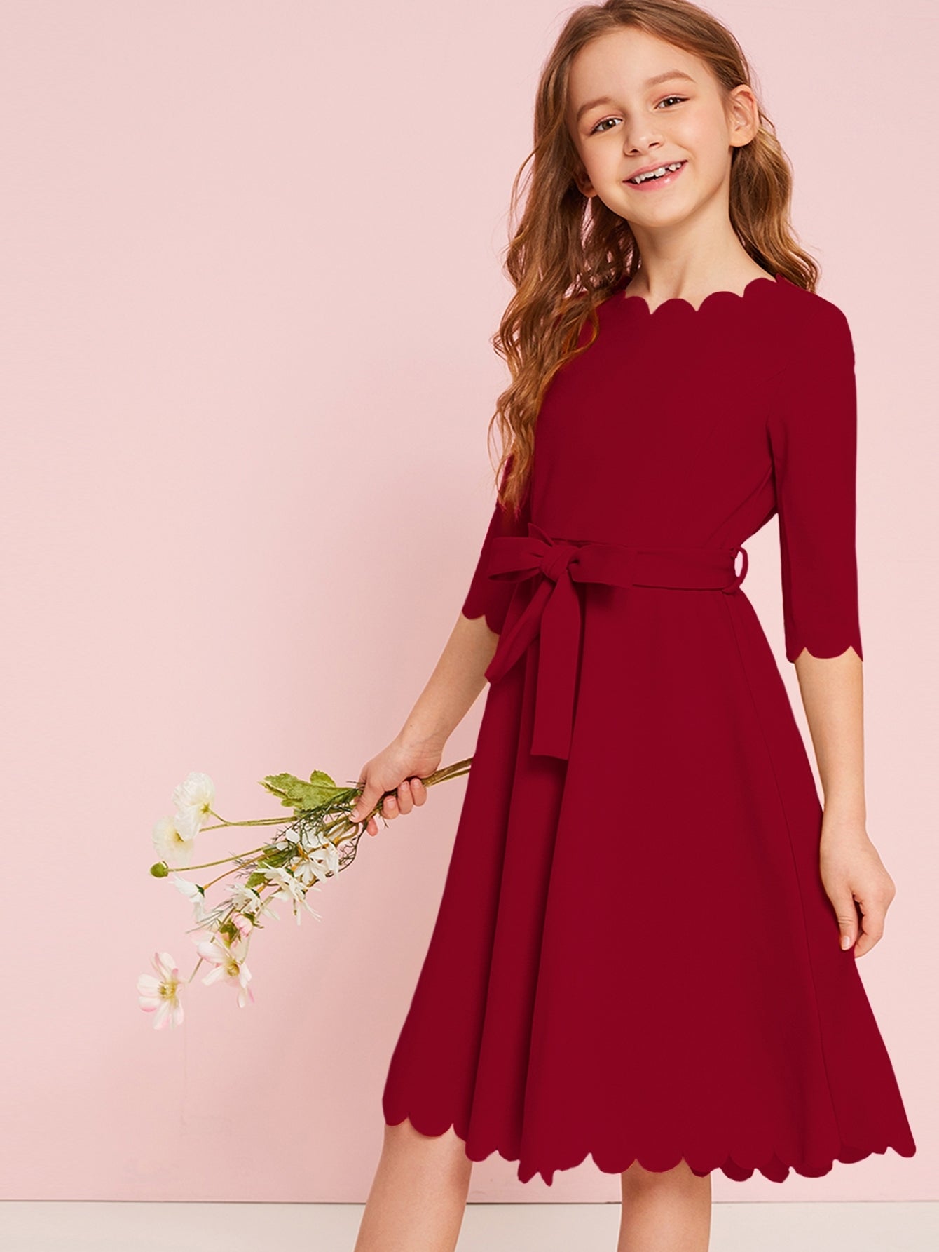 Girls Scallop Trim Belted Dress