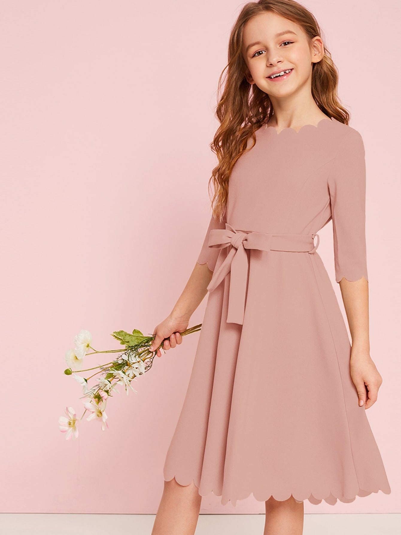 Girls Scallop Trim Belted Dress