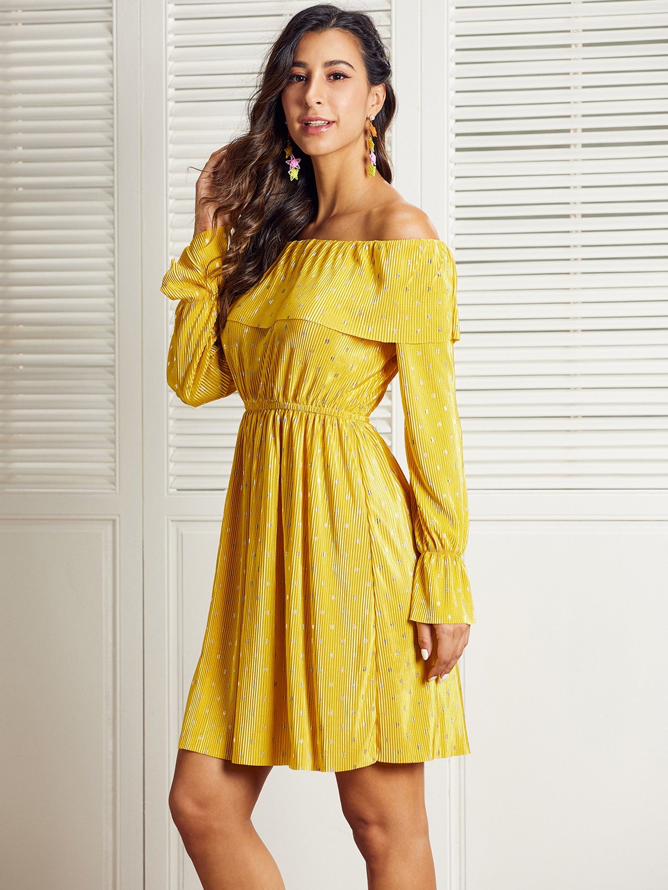 Polka-dot Pleated Bardot Dress